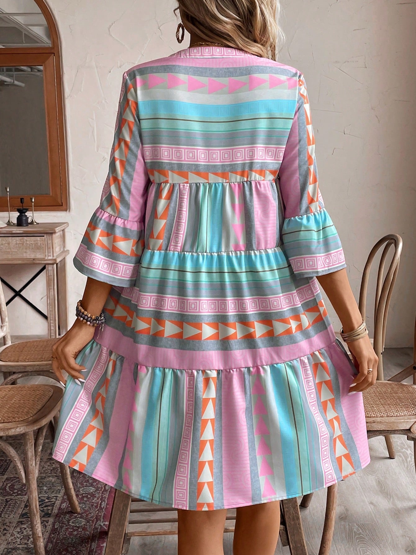 Holidaya Notched Neck Flare Sleeve Notched Hem Ruffle Trim Vacation Style Casual Dress Vacation Beach Outfits Women