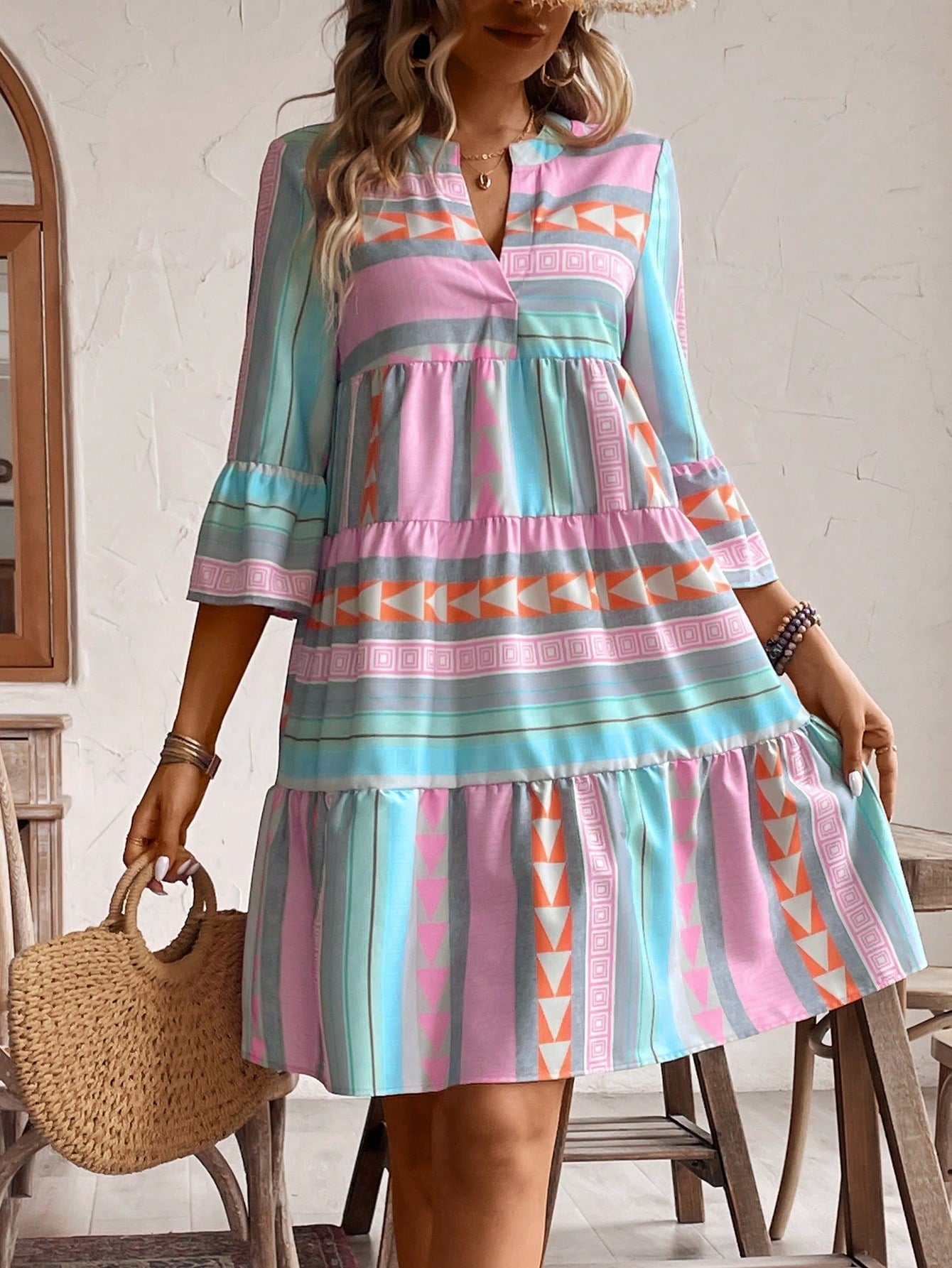 Holidaya Notched Neck Flare Sleeve Notched Hem Ruffle Trim Vacation Style Casual Dress Vacation Beach Outfits Women