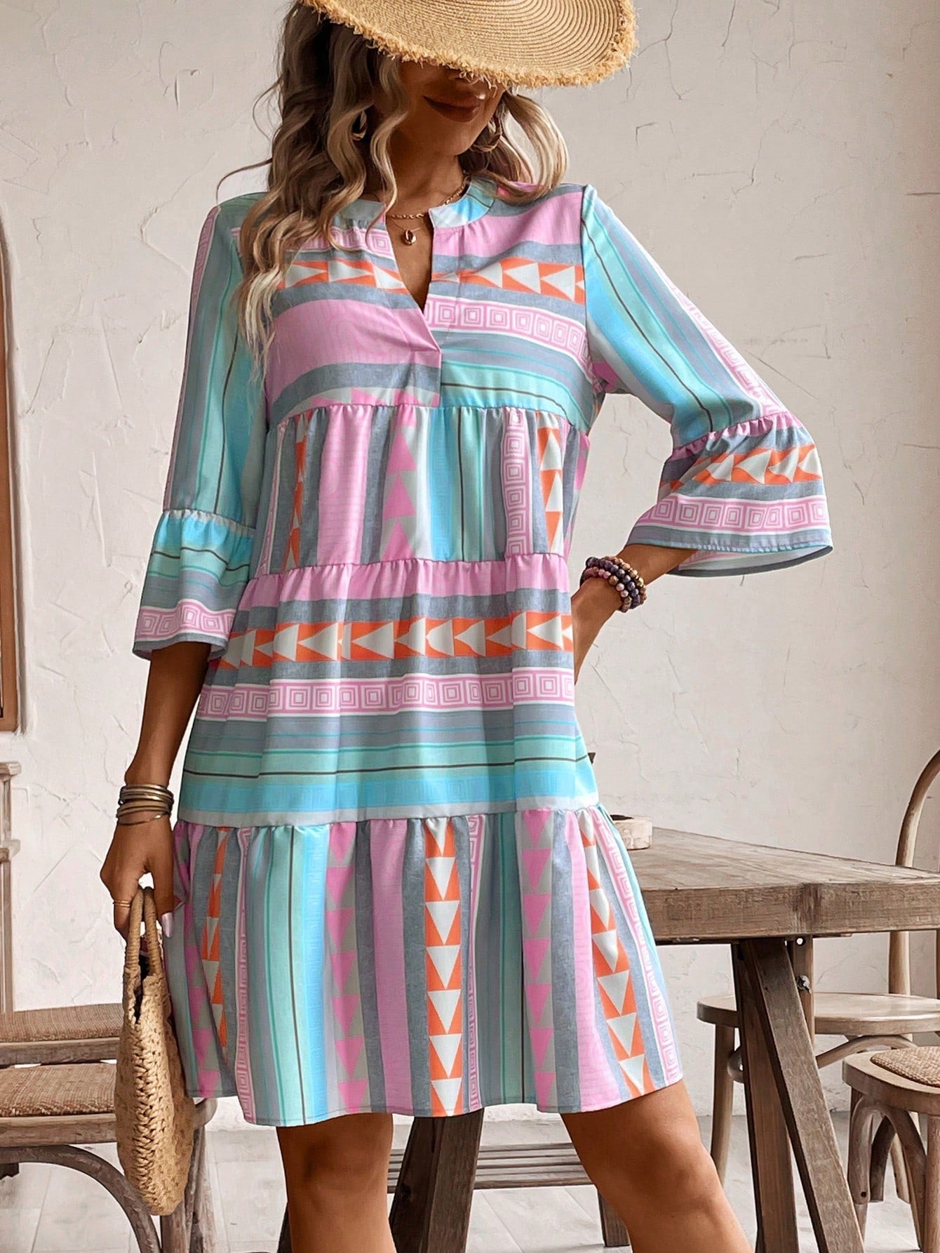 Holidaya Notched Neck Flare Sleeve Notched Hem Ruffle Trim Vacation Style Casual Dress Vacation Beach Outfits Women