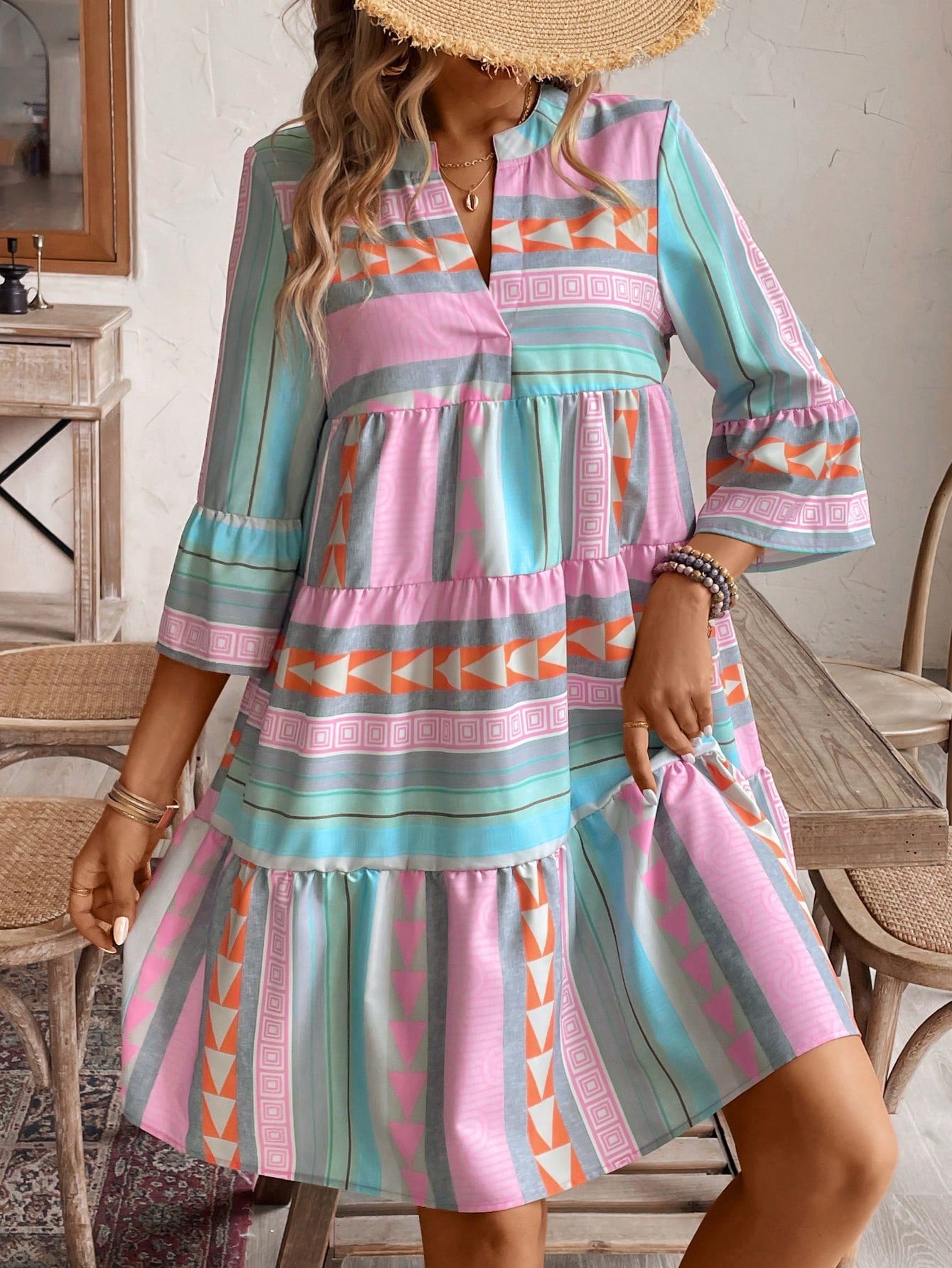 Holidaya Notched Neck Flare Sleeve Notched Hem Ruffle Trim Vacation Style Casual Dress Vacation Beach Outfits Women