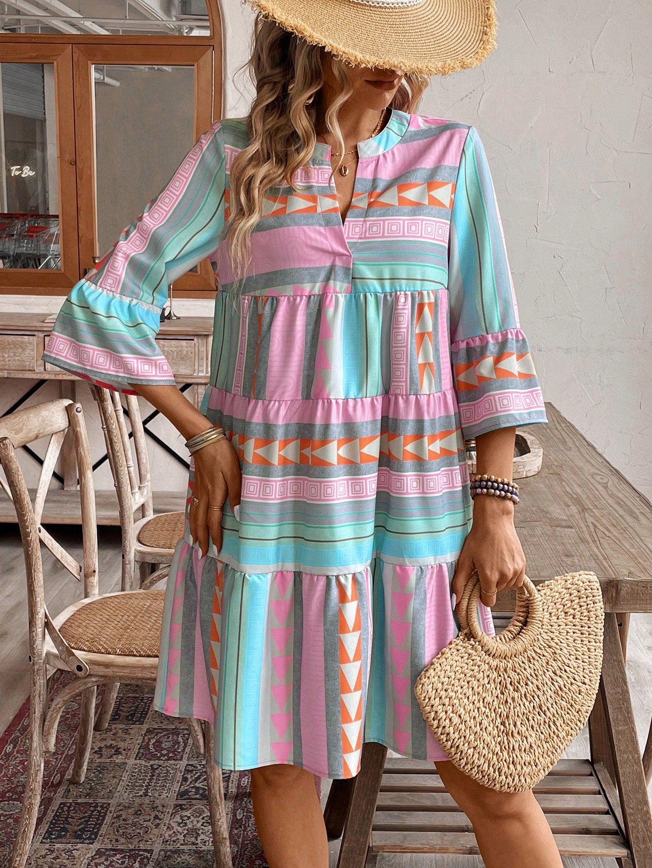 Holidaya Notched Neck Flare Sleeve Notched Hem Ruffle Trim Vacation Style Casual Dress Vacation Beach Outfits Women