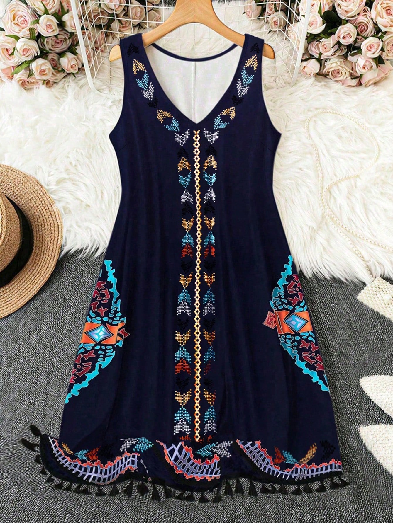 EMERY ROSE Plus Size Summer Casual Geometric Print V-Neck Fringed Hem Sleeveless Dress