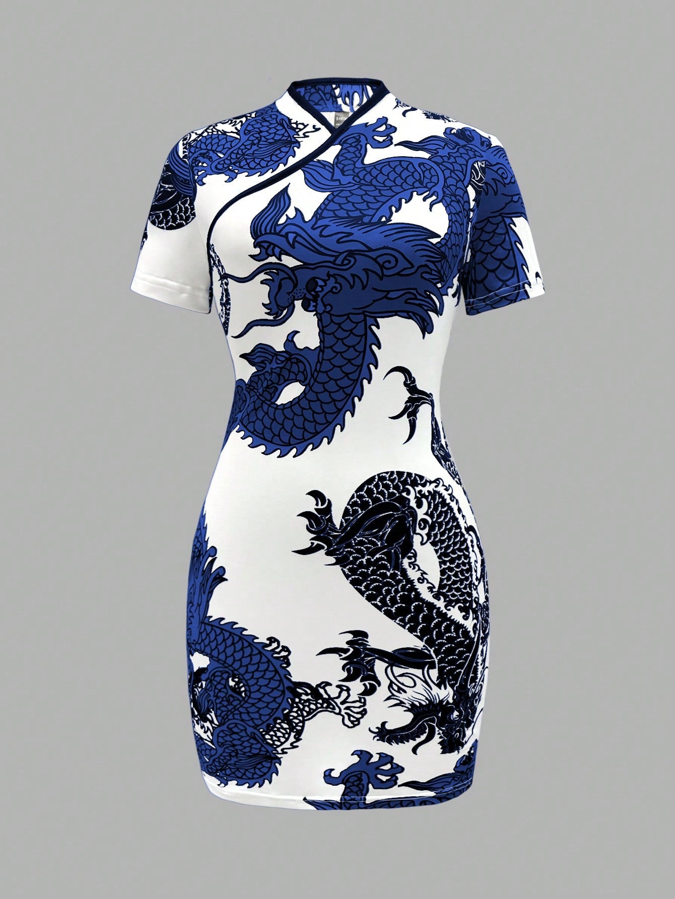 Unity Chinese Dragon Print Random Cut Women Summer Stand Collar Short Sleeve Elegant Dress