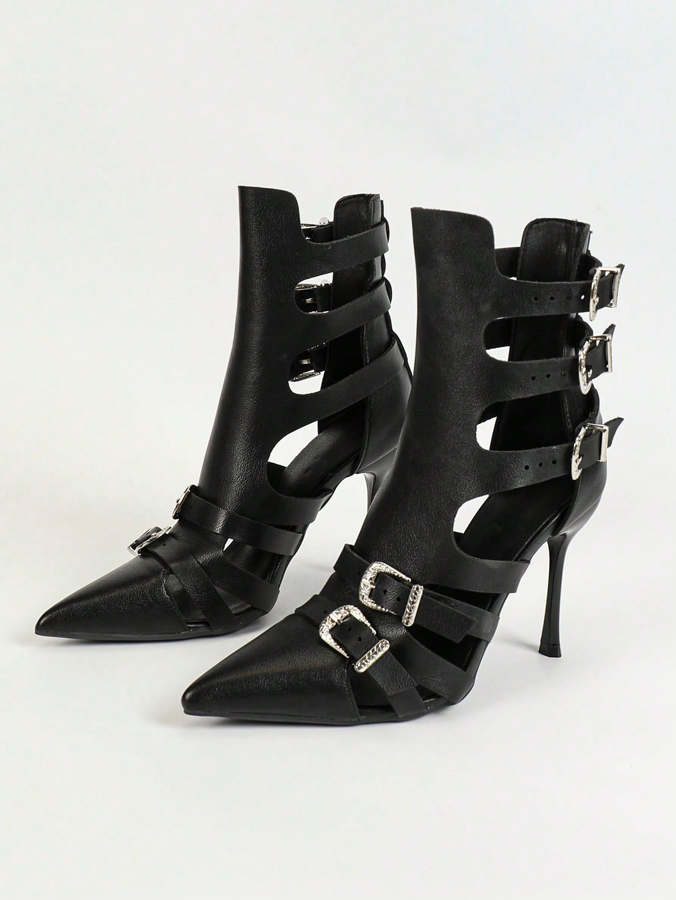 Women's Summer Pointed Toe High Heel Gladiator Boots With Hollow Metal Buckle, Elegant New Fashion Boots