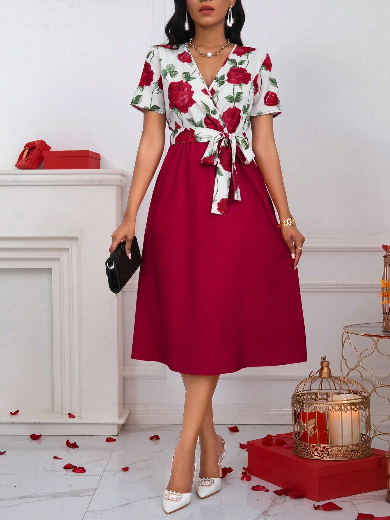 Lyxana Women's Floral Print Overlap V-Neck Short Sleeve Elegant Dress Maxi Women Outfit