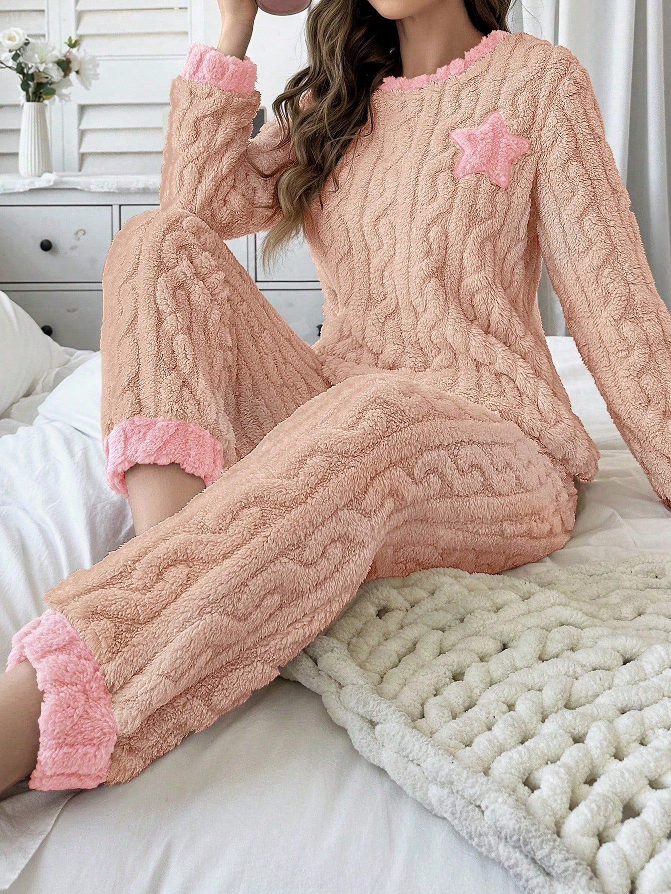 5-Pointed Star Embroidered Plush Pajama Set