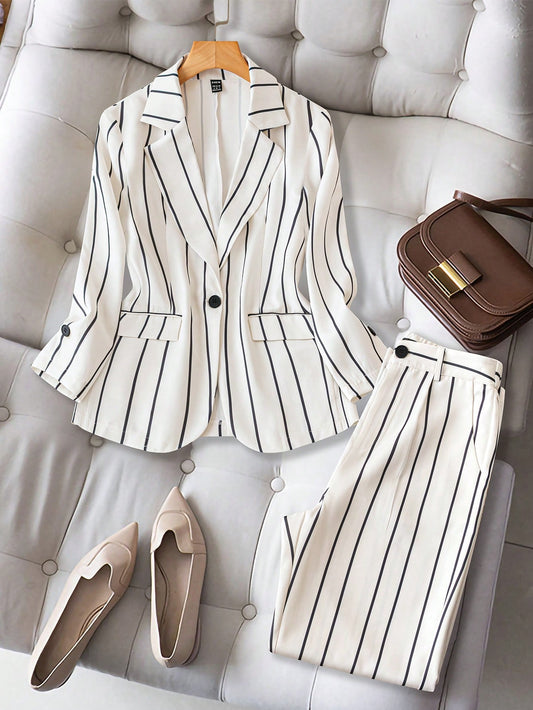Raffinéa Women's Striped Print Single-Breasted Long Sleeve Blazer And Pocket Pant Elegant Suit Set