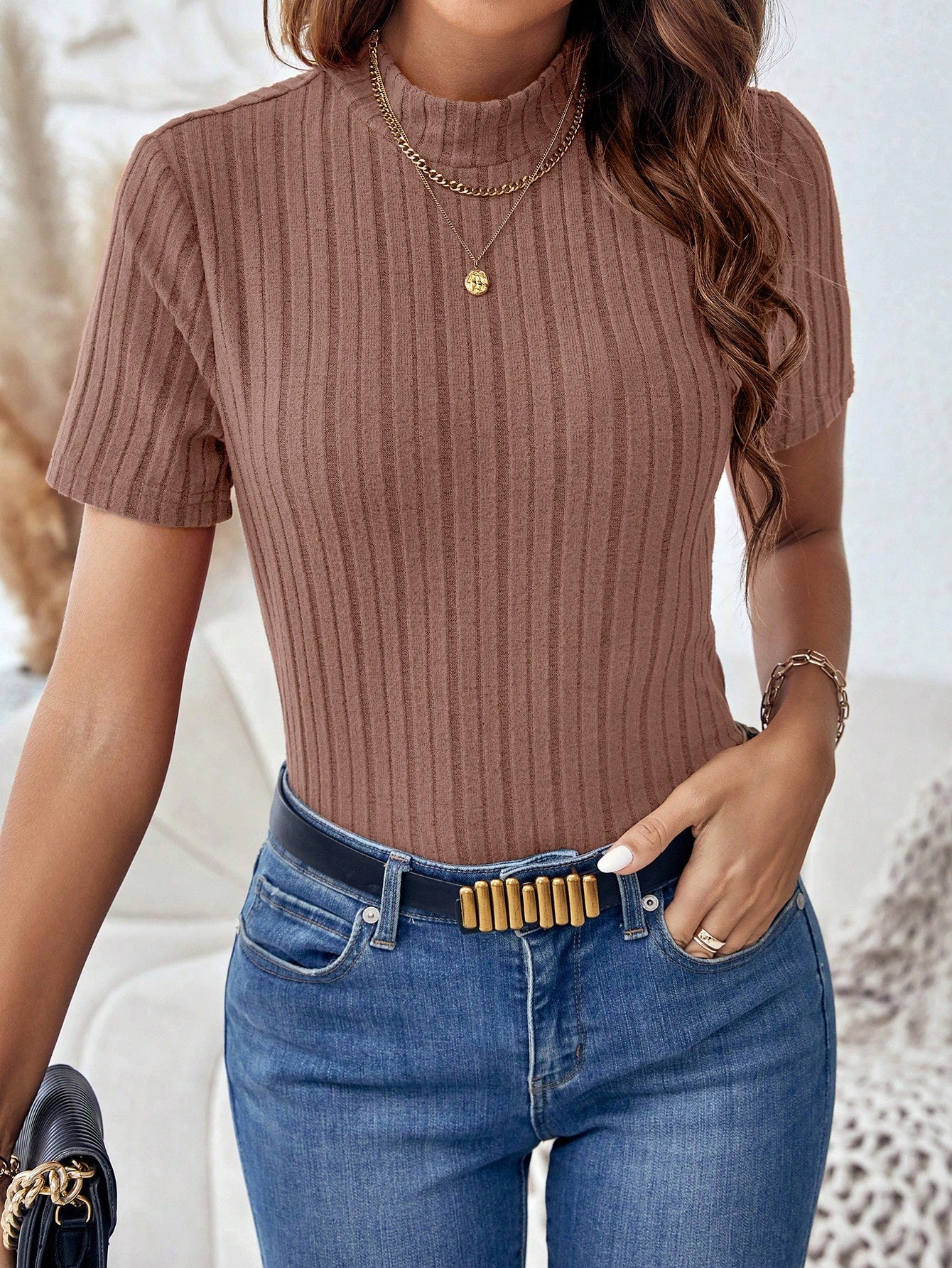 Clasi Women's Mock Neck Ribbed Knit Tee