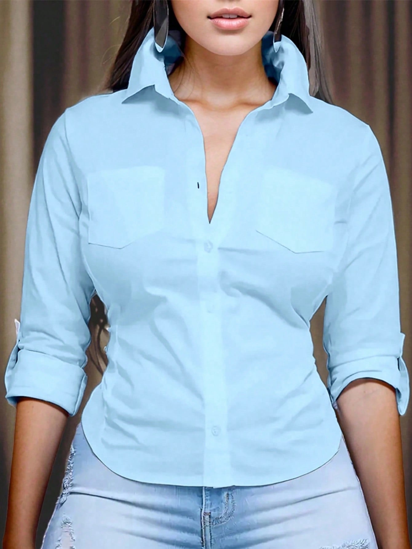 Relaxiva Women's Solid Color Rolled Sleeve Shirt,Long Sleeve Tops