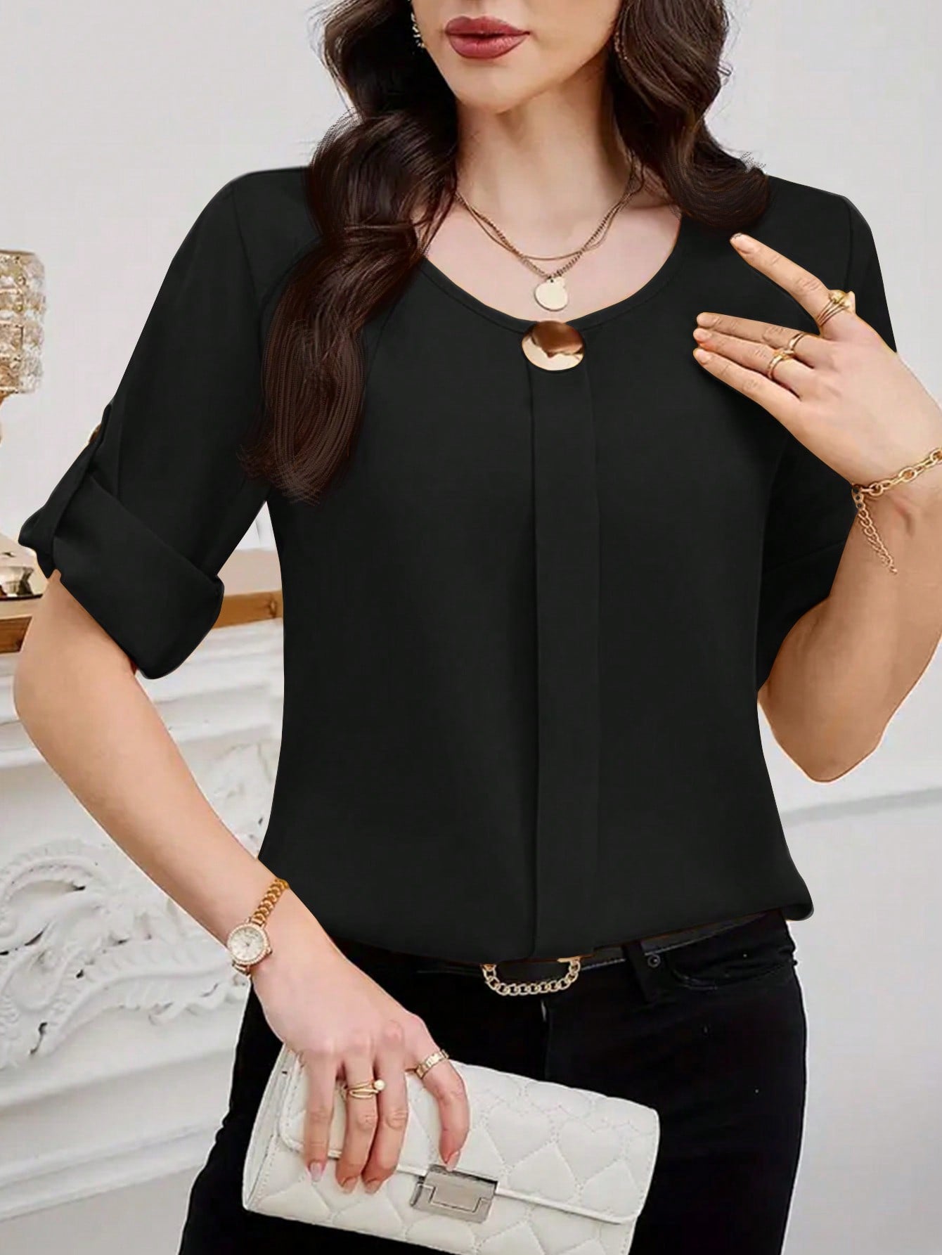 Clasi Women Solid Roll Up Sleeve Blouse