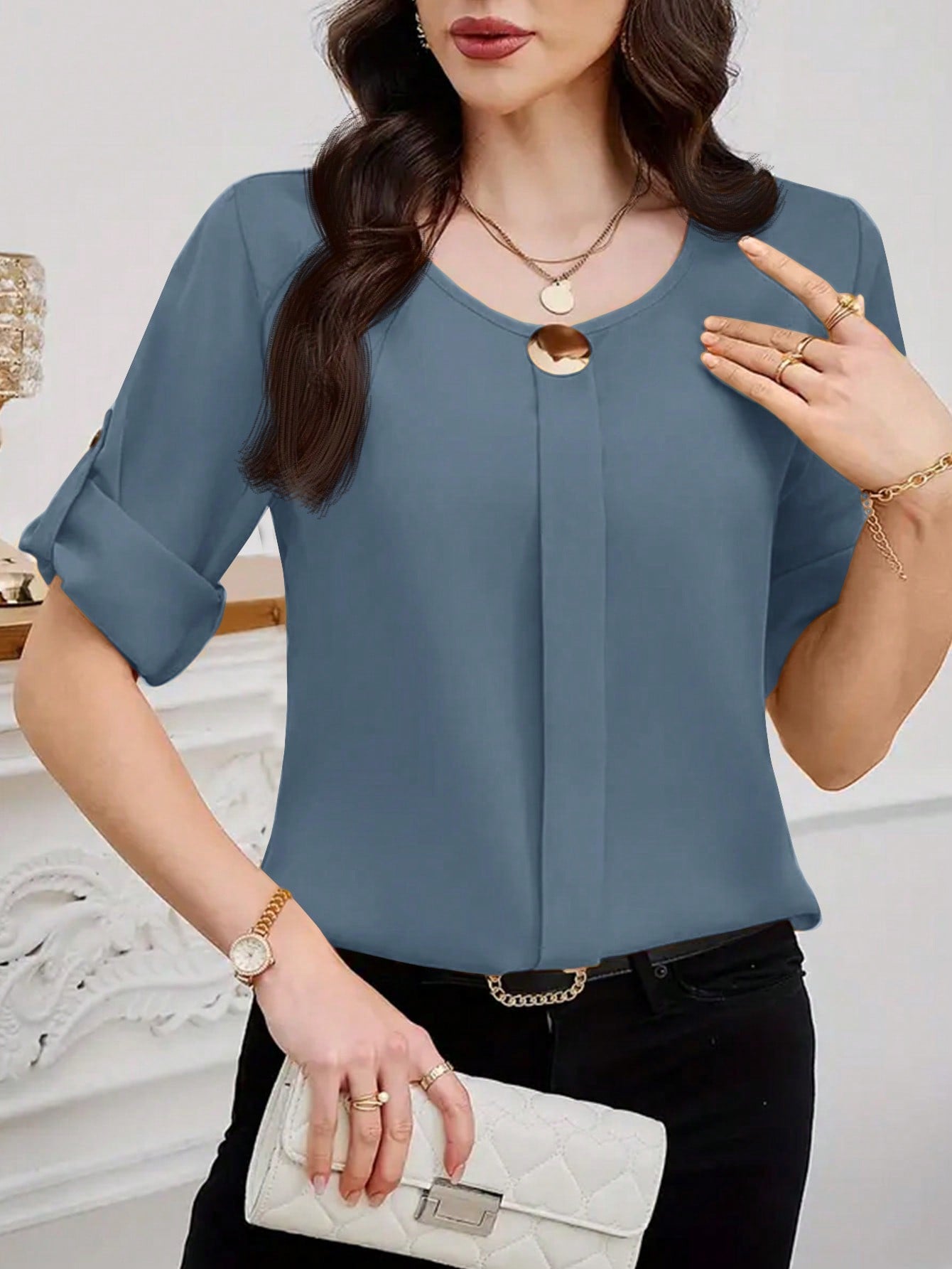 Clasi Women Solid Roll Up Sleeve Blouse