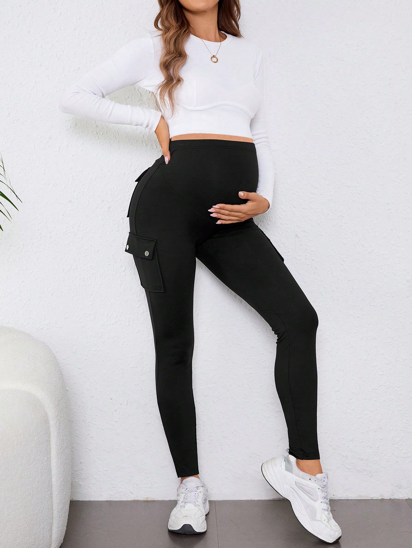 Maternity High Waisted Solid Color Cargo Leggings