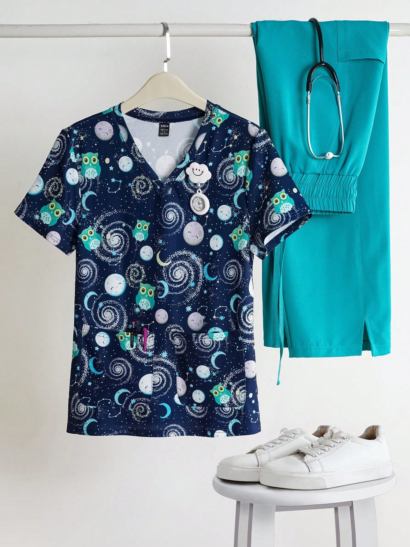 TaskFit Women's Sweetheart Neckline Matte Scrub Top, Women's Short Sleeve V-Neck Nurse Uniform Top, 2 Pocket Tee Printed Soft Stretch Matte Scrub Top