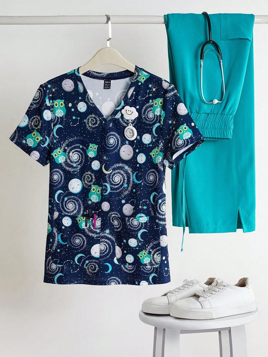 TaskFit Women's Sweetheart Neckline Matte Scrub Top, Women's Short Sleeve V-Neck Nurse Uniform Top, 2 Pocket Tee Printed Soft Stretch Matte Scrub Top