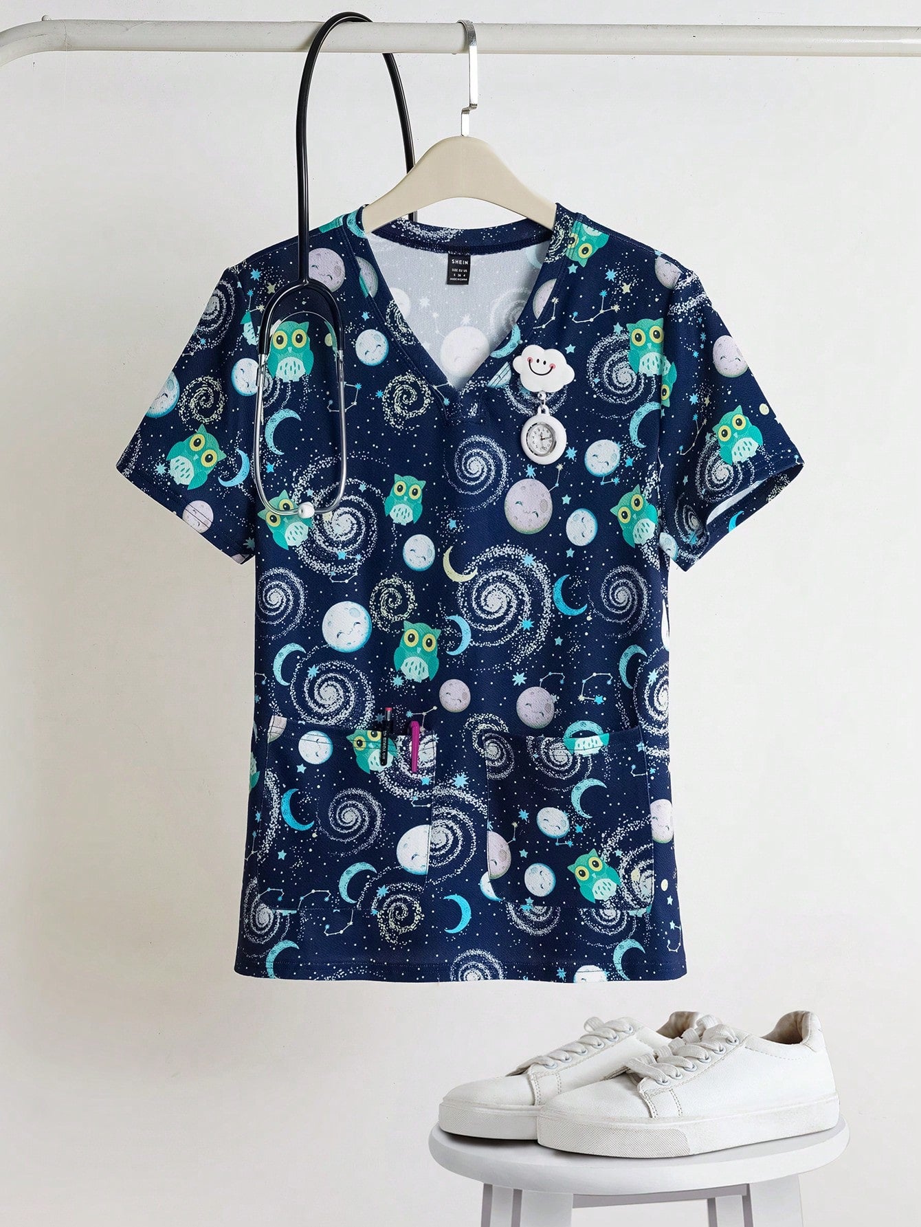 TaskFit Women's Sweetheart Neckline Matte Scrub Top, Women's Short Sleeve V-Neck Nurse Uniform Top, 2 Pocket Tee Printed Soft Stretch Matte Scrub Top