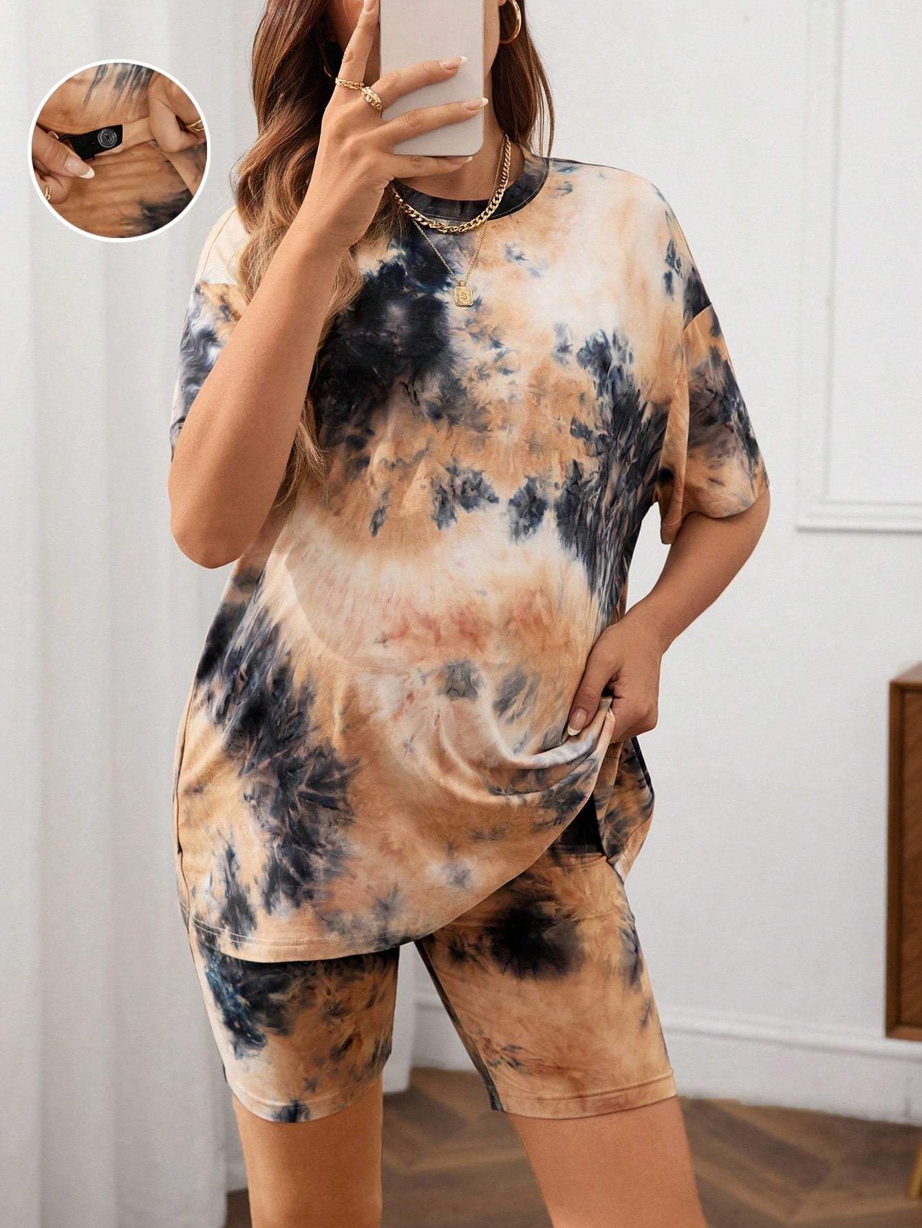 Maternity Tie Dye Loose Fit 2pcs Shorts Set For Casual Wear