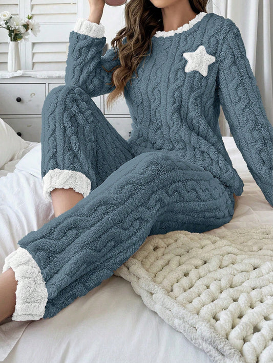 5-Pointed Star Embroidered Plush Pajama Set