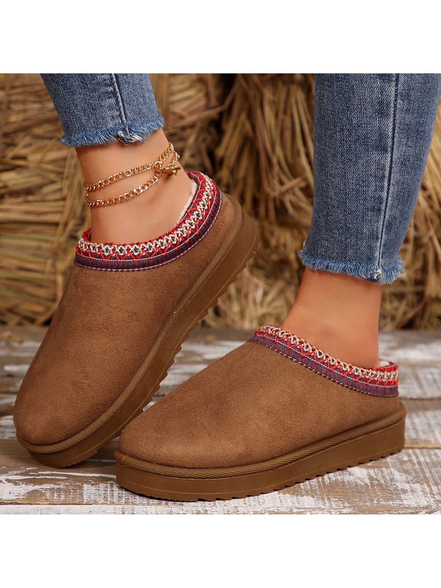 Merking Women's Winter Slippers, Platform Snow Boots, Thickened Flat Boots, Fur Lining, Warm Shoes, Outdoor Non Slip Boots