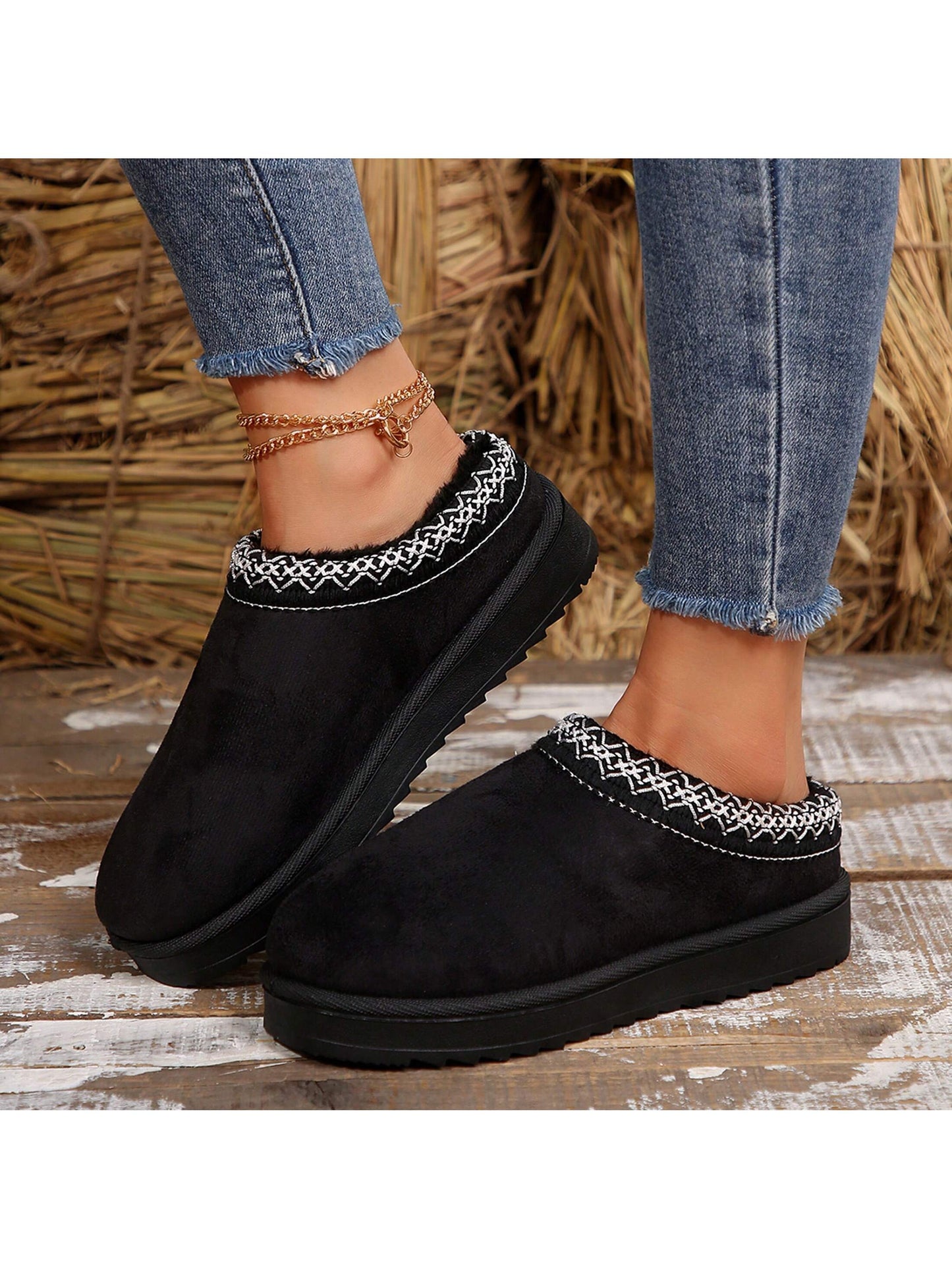 Merking Women's Winter Slippers, Platform Snow Boots, Thickened Flat Boots, Fur Lining, Warm Shoes, Outdoor Non Slip Boots