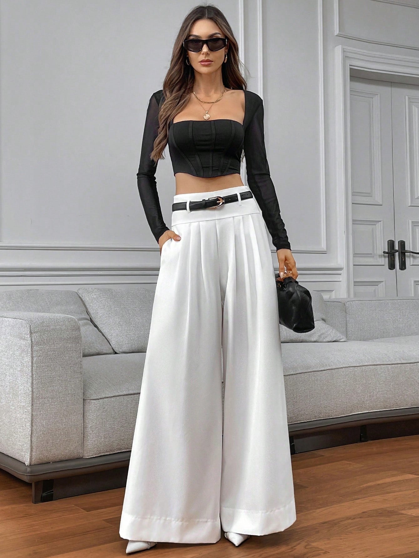 Privé Women's Casual Elegant Commuter White High Waist Wide Leg Pants,Without Belt,Suitable For Daily, Commuting, Home