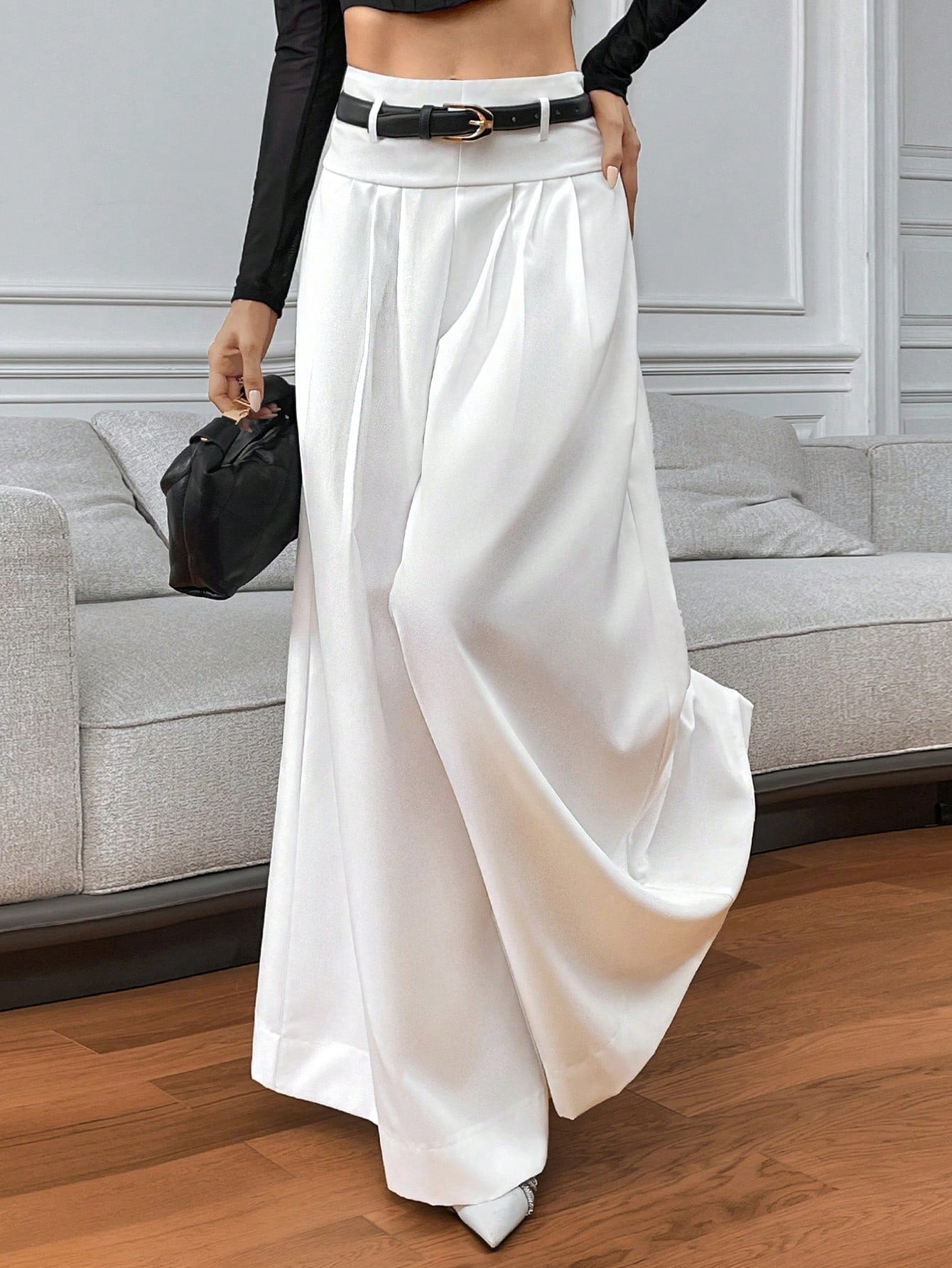 Privé Women's Casual Elegant Commuter White High Waist Wide Leg Pants,Without Belt,Suitable For Daily, Commuting, Home