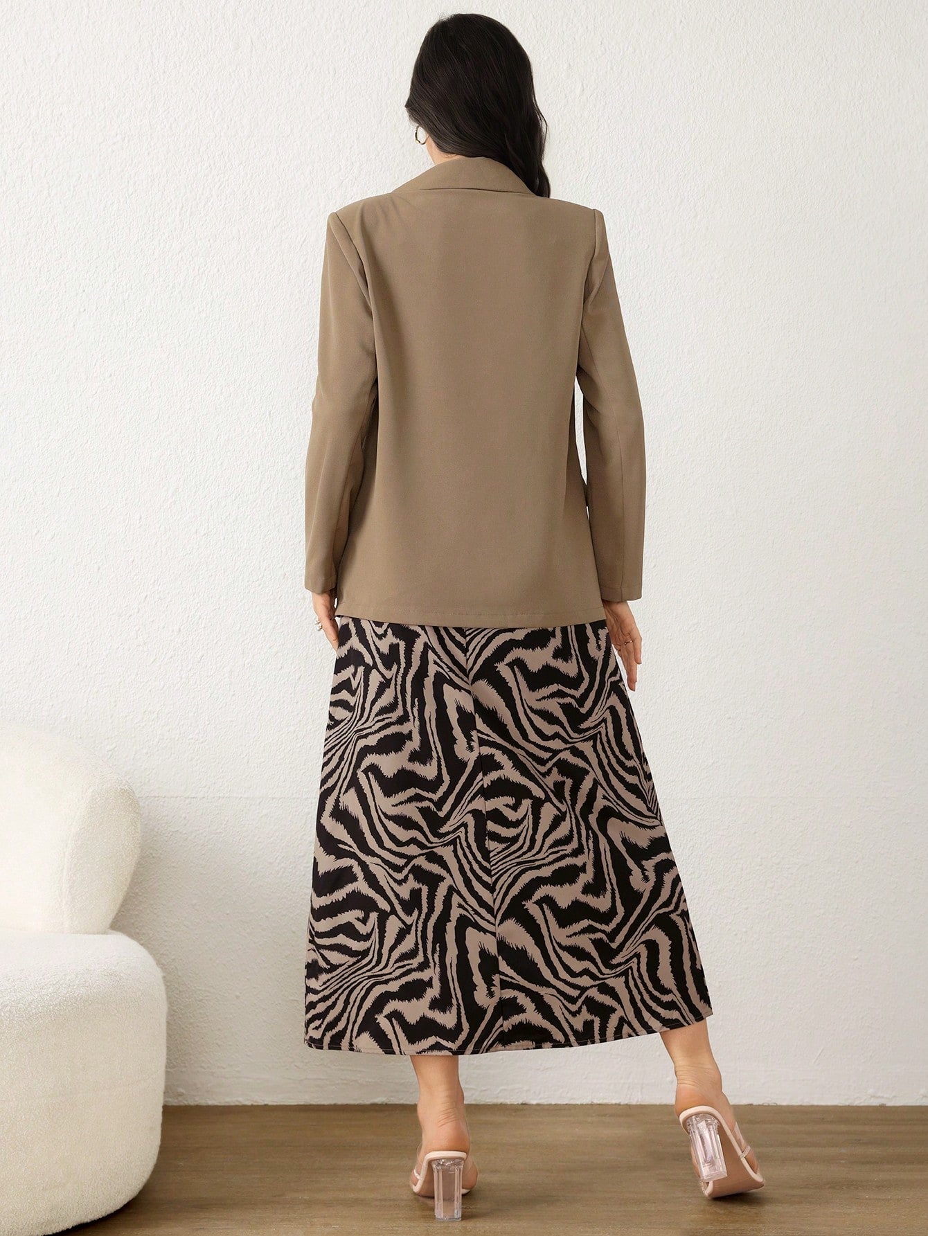 Modely Women's Solid Lapel Collar Long Sleeve Blazer And Zebra Print Dress 2Pcs Elegant Suit Set, Spring Autumn