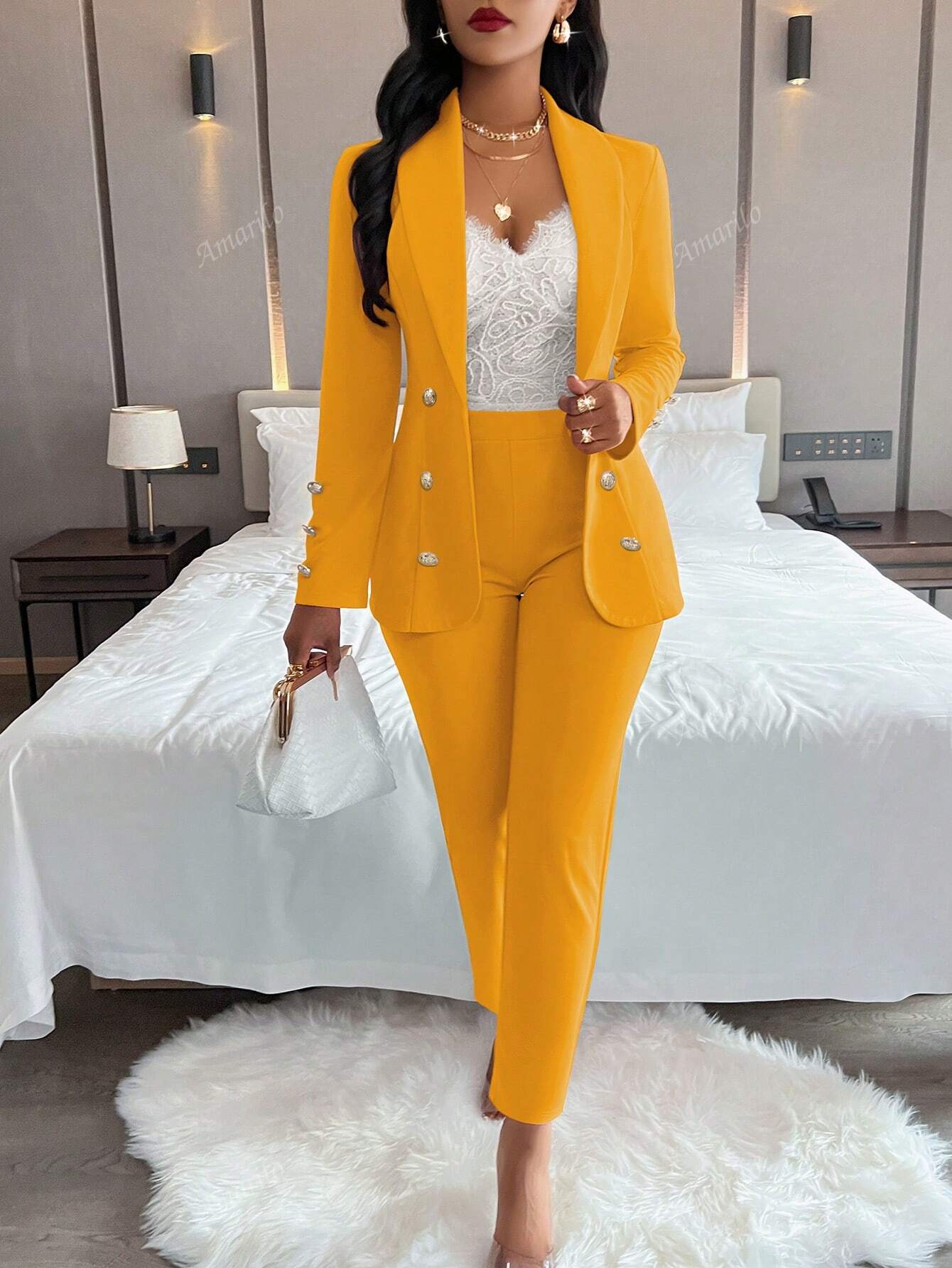Ladies' Notched Collar Suit Long Sleeve Jacket And Pants Two Piece Set