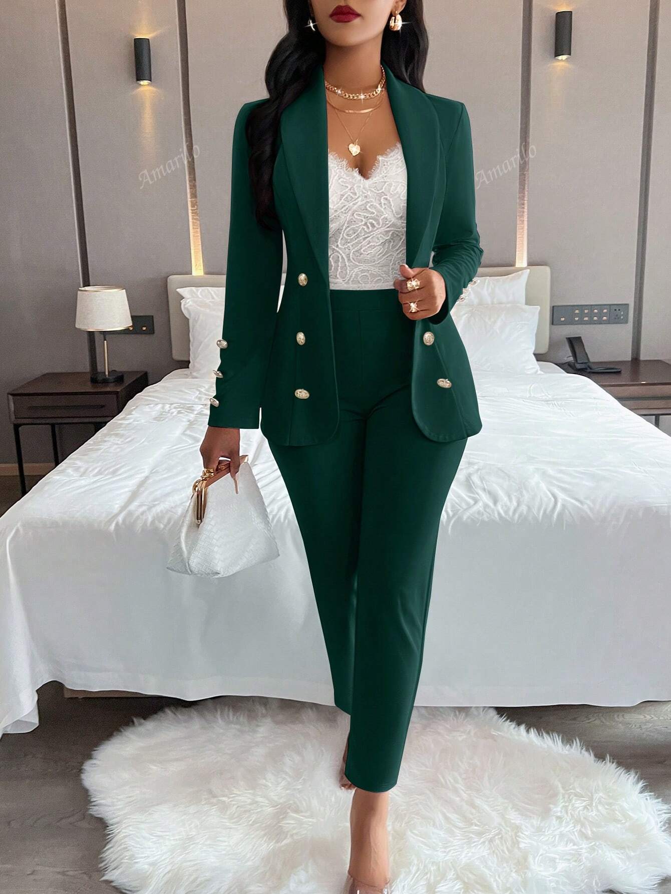Ladies' Notched Collar Suit Long Sleeve Jacket And Pants Two Piece Set