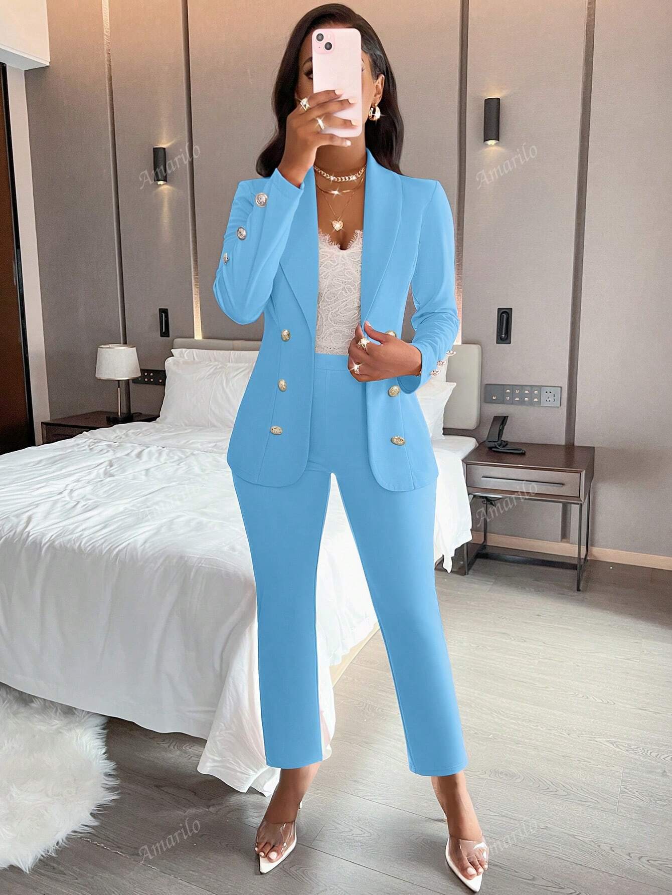 Ladies' Notched Collar Suit Long Sleeve Jacket And Pants Two Piece Set