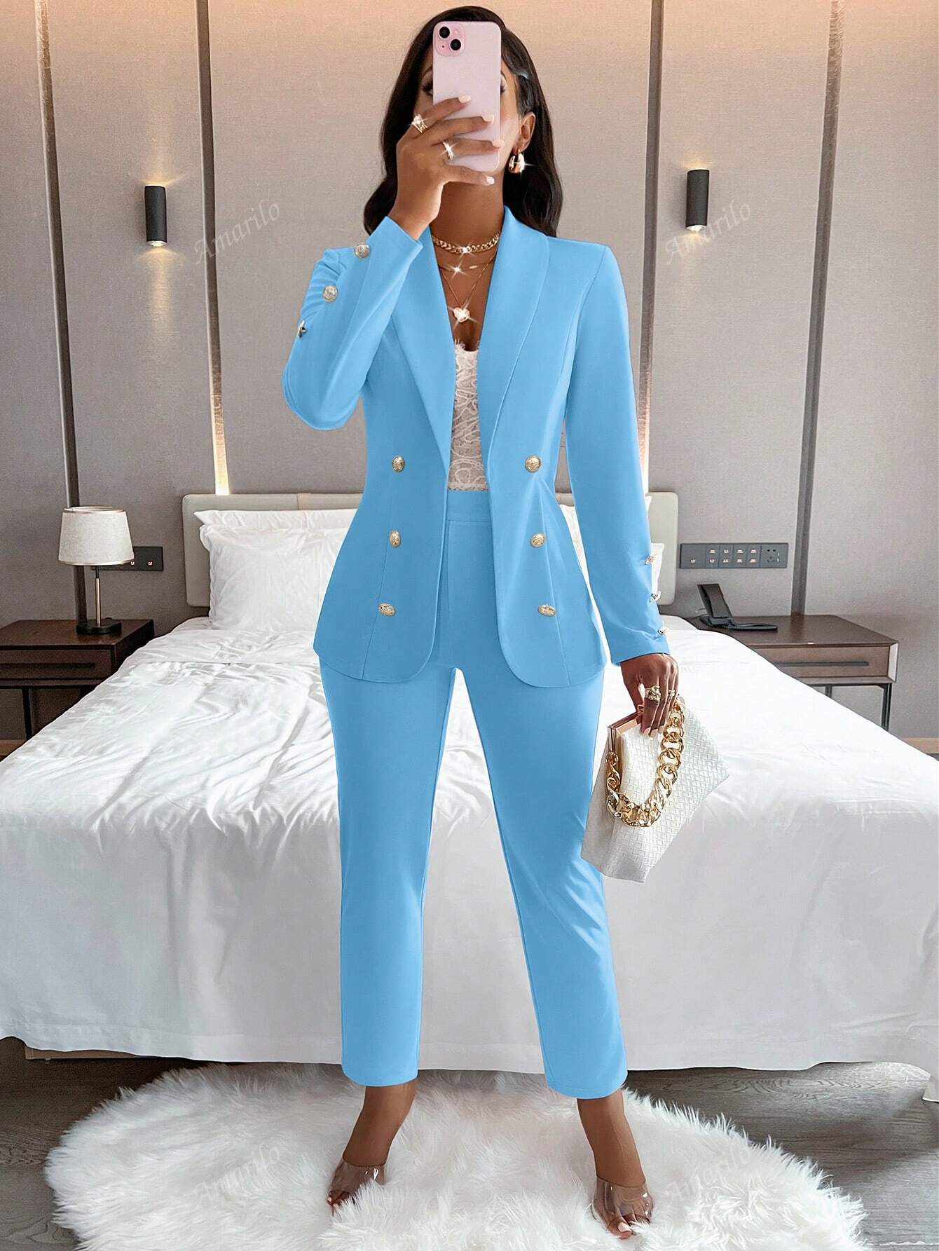 Ladies' Notched Collar Suit Long Sleeve Jacket And Pants Two Piece Set