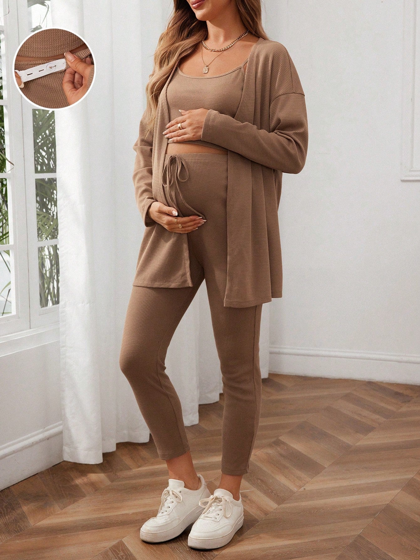 Maternity Waffle Knit Tank Top And Adjustable Bow-Tied Waist Leggings Set With Coat