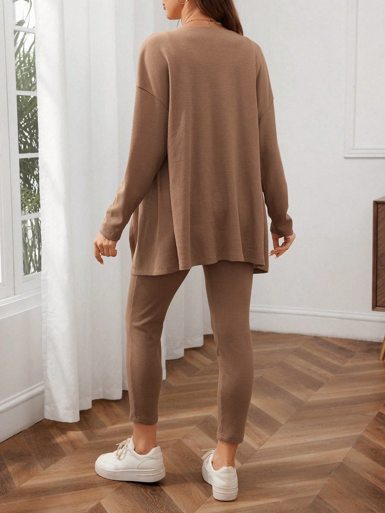 Maternity Waffle Knit Tank Top And Adjustable Bow-Tied Waist Leggings Set With Coat