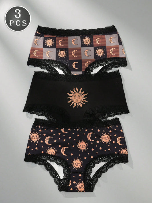 3pcs/Pack Women Solar System Print Lace Trim  Breathable Comfortable Sexy Panties