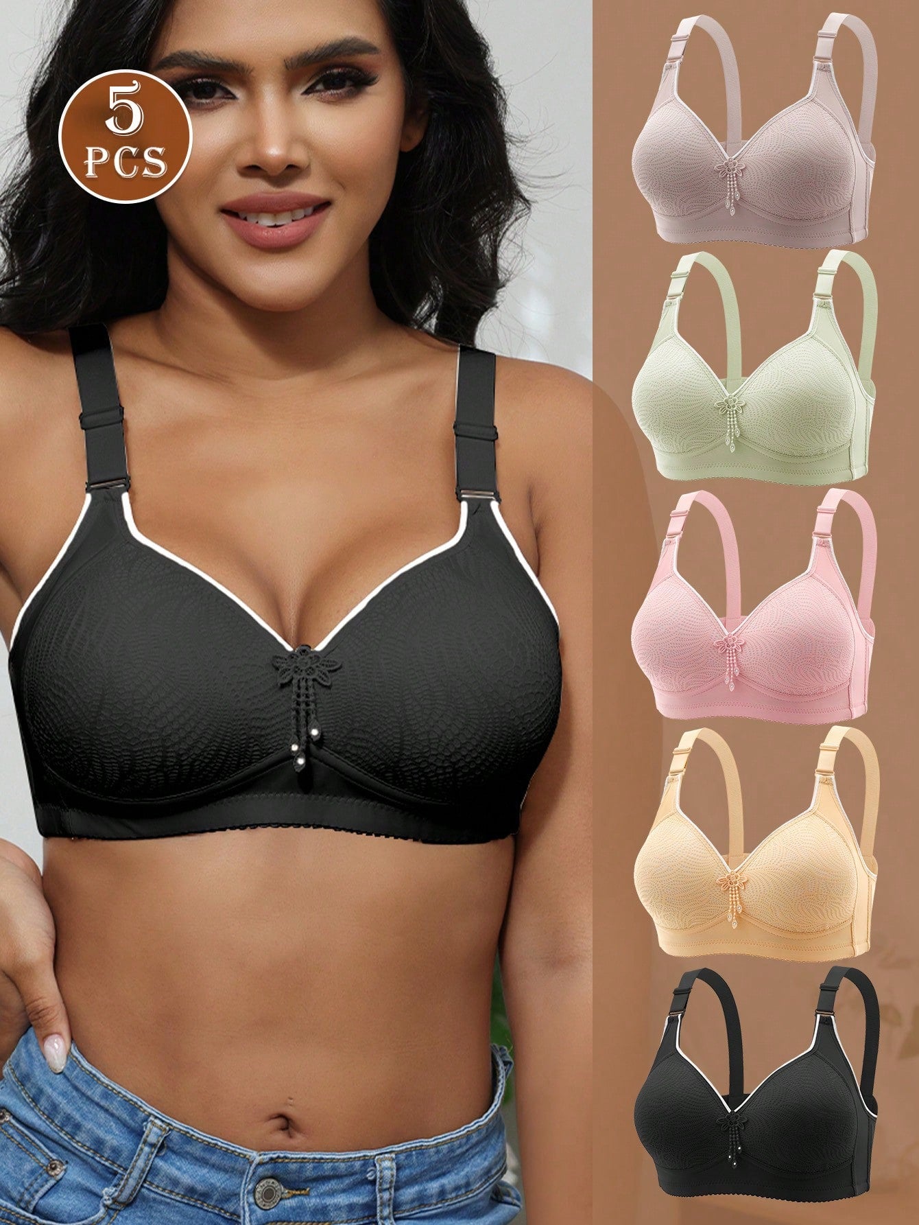 5pcs Non-Underwire Print Lightly Padded Adjustable Push-Up Bras For Women