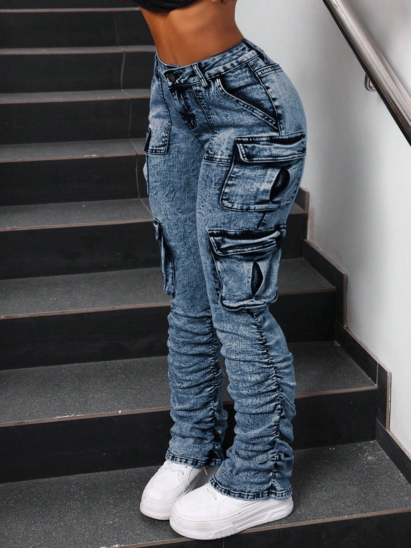 ICON Women's Solid Color Simple Everyday Pleated Denim Jeans