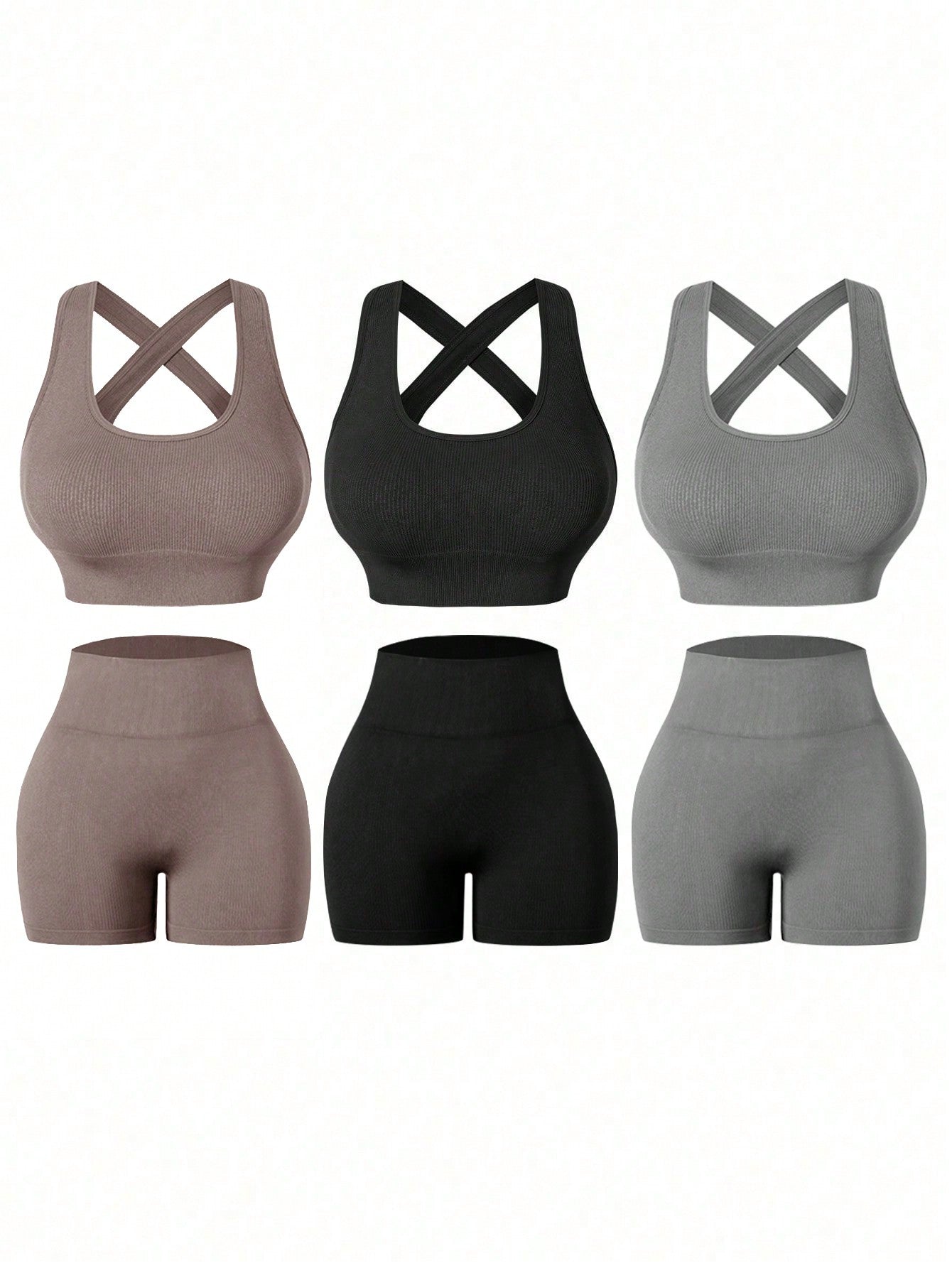 Sport Easify Women's Crew Neck Criss-Cross Back Top And Casual Seamless Shorts Yoga Texture Sports Set, Gym Clothes