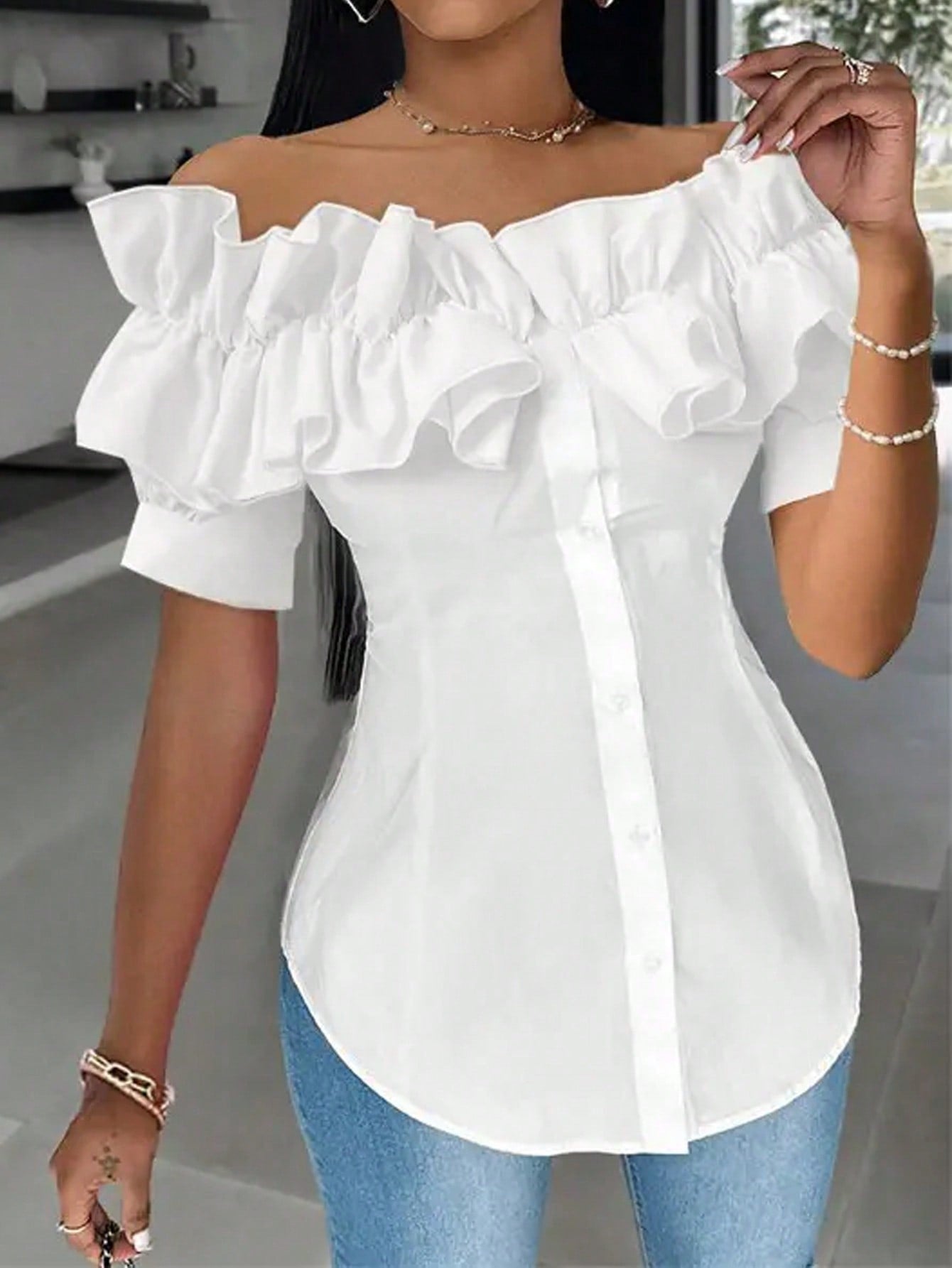 Holidaya Solid Color Ruffle Off Shoulder Short Sleeve Blouse