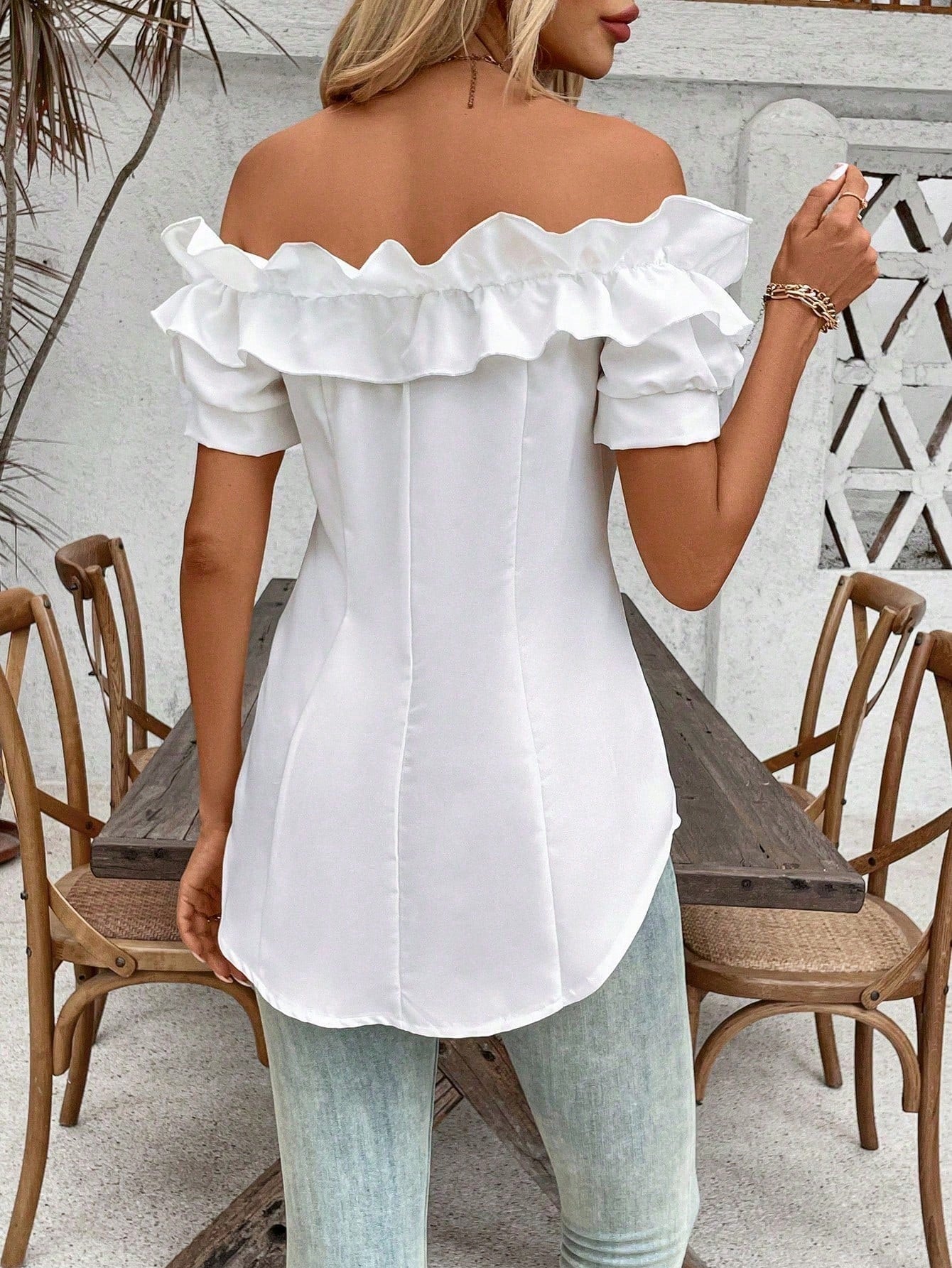 Holidaya Solid Color Ruffle Off Shoulder Short Sleeve Blouse