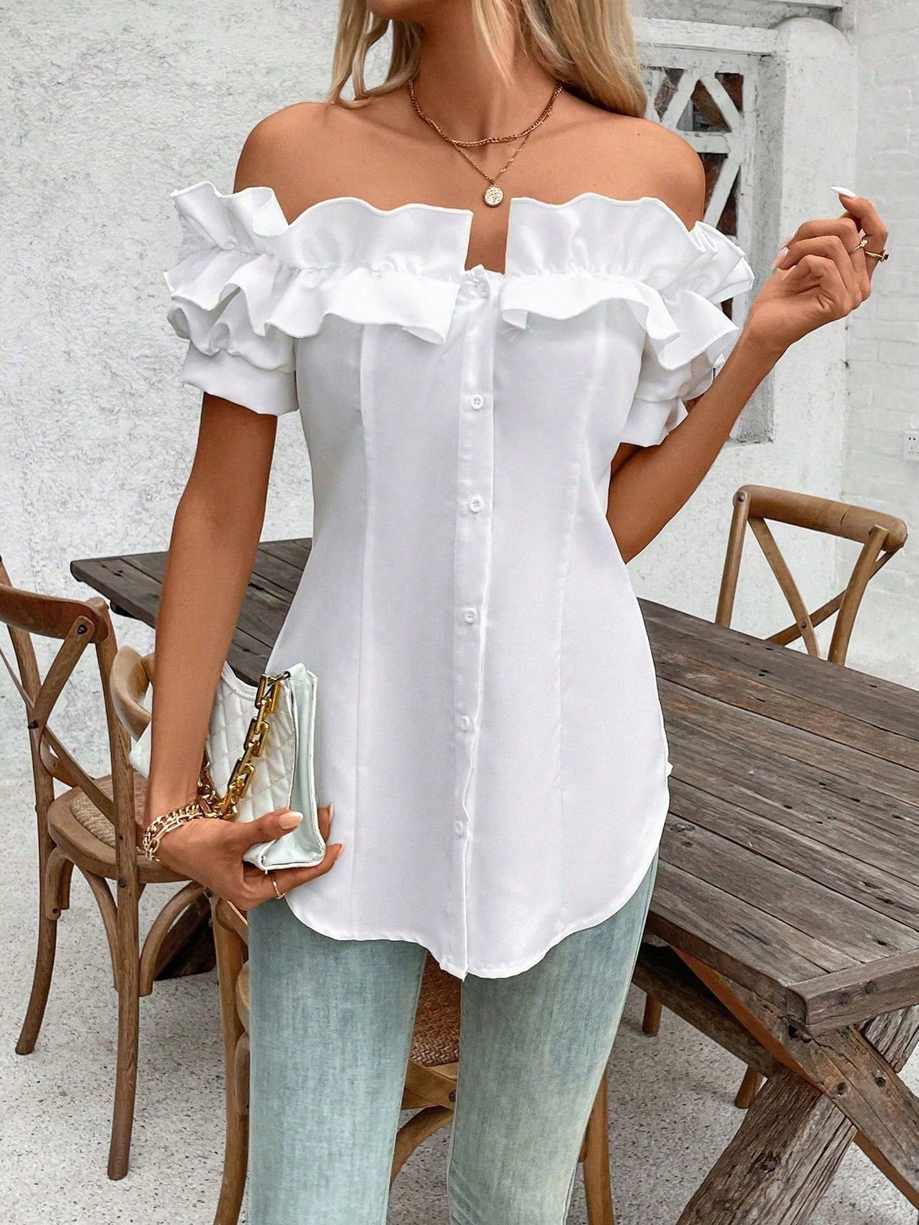Holidaya Solid Color Ruffle Off Shoulder Short Sleeve Blouse
