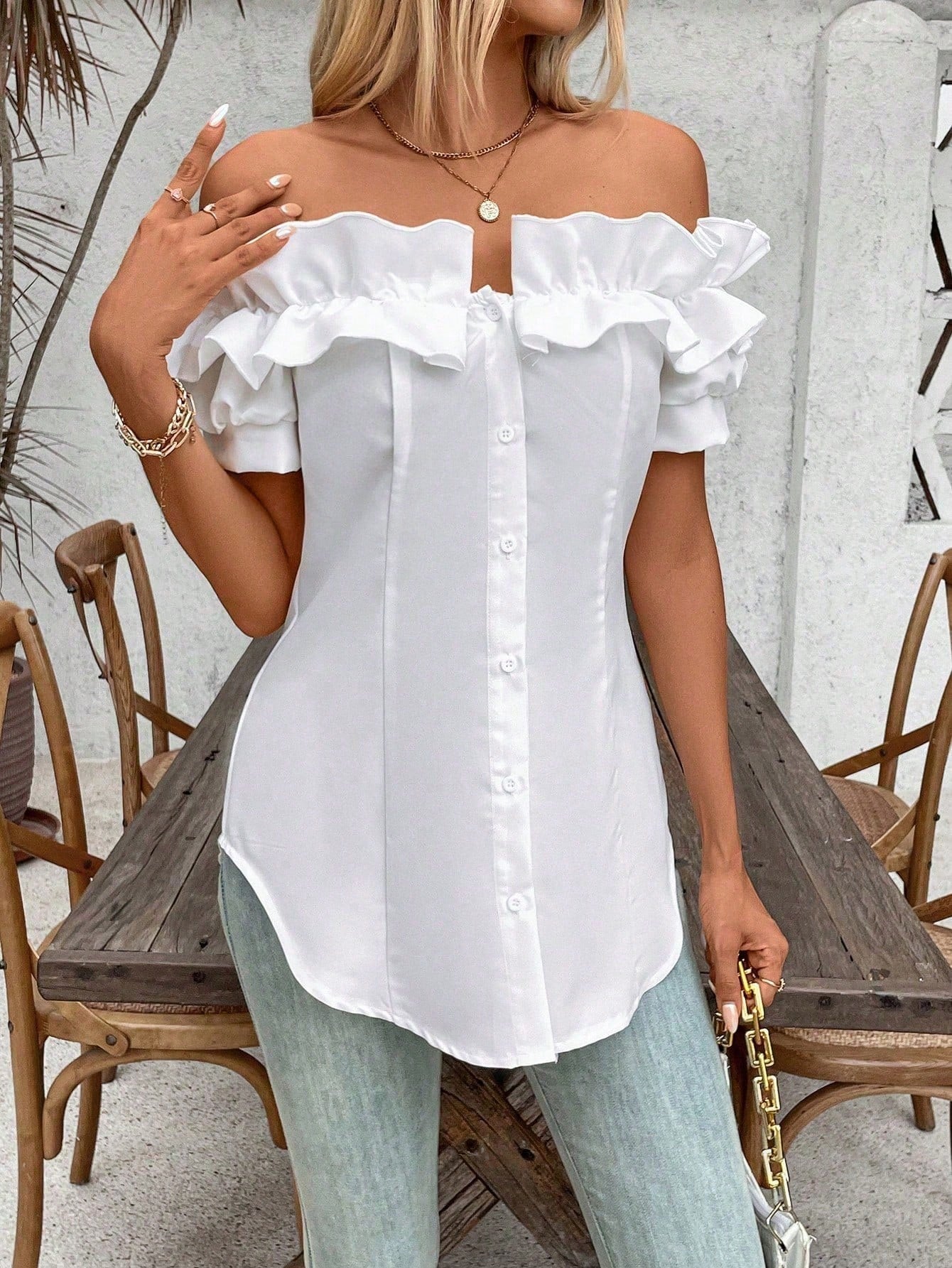 Holidaya Solid Color Ruffle Off Shoulder Short Sleeve Blouse