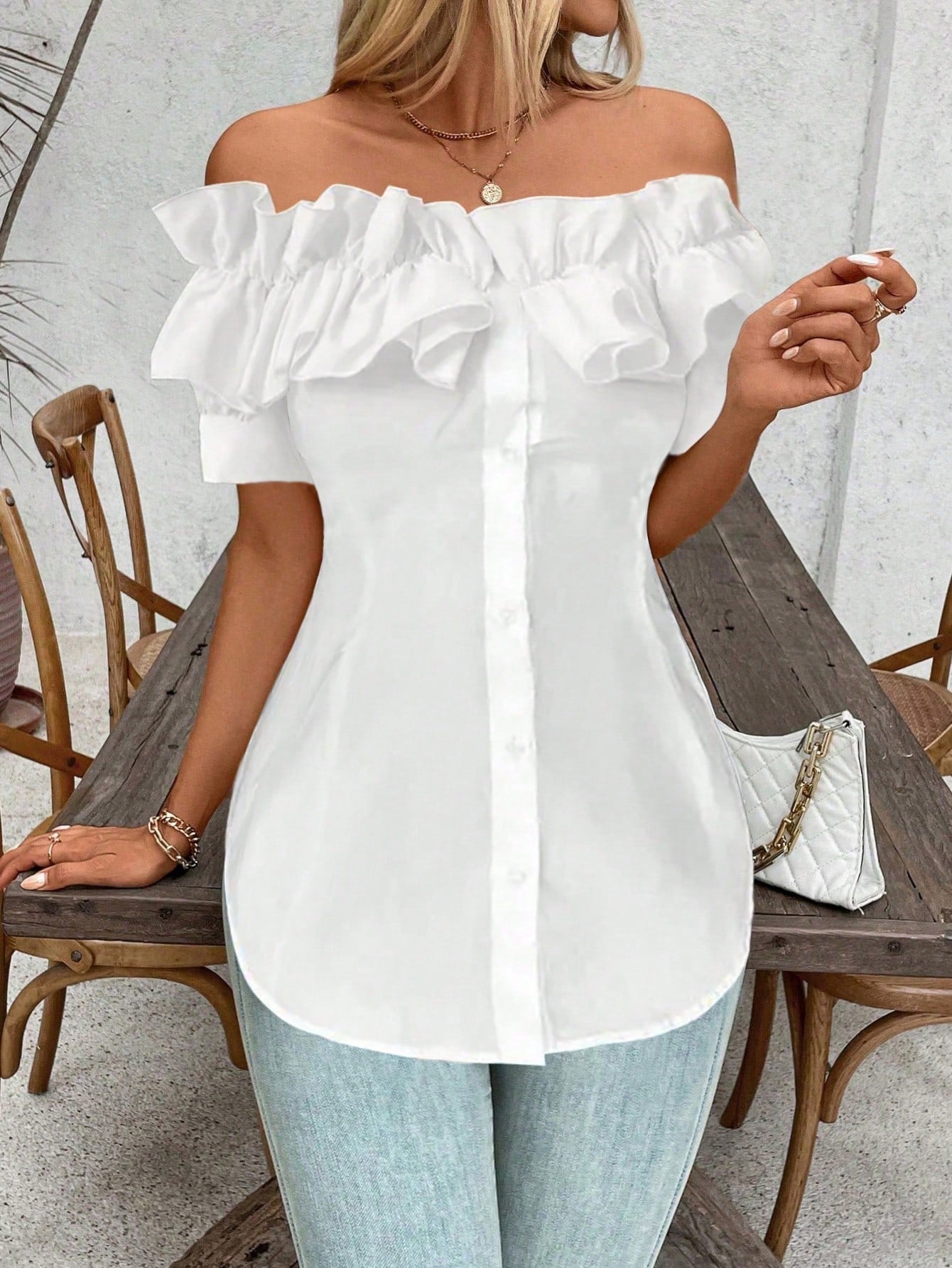 Holidaya Solid Color Ruffle Off Shoulder Short Sleeve Blouse