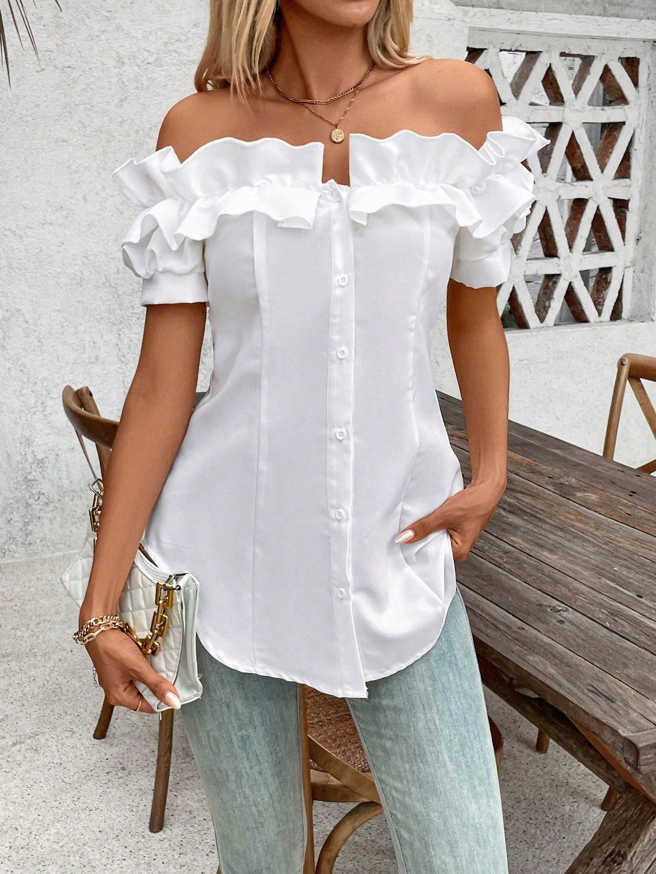 Holidaya Solid Color Ruffle Off Shoulder Short Sleeve Blouse