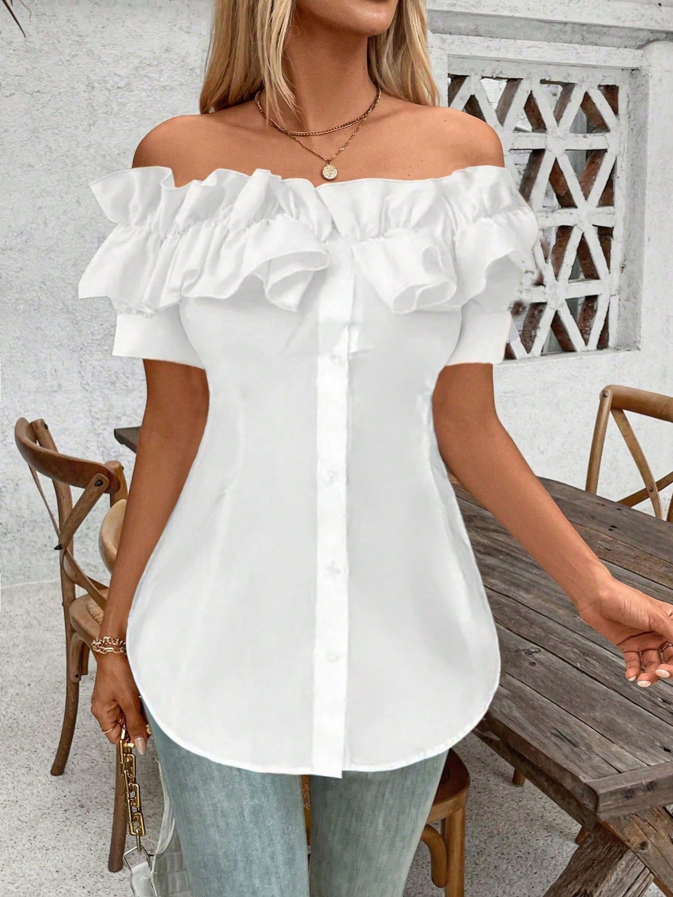 Holidaya Solid Color Ruffle Off Shoulder Short Sleeve Blouse