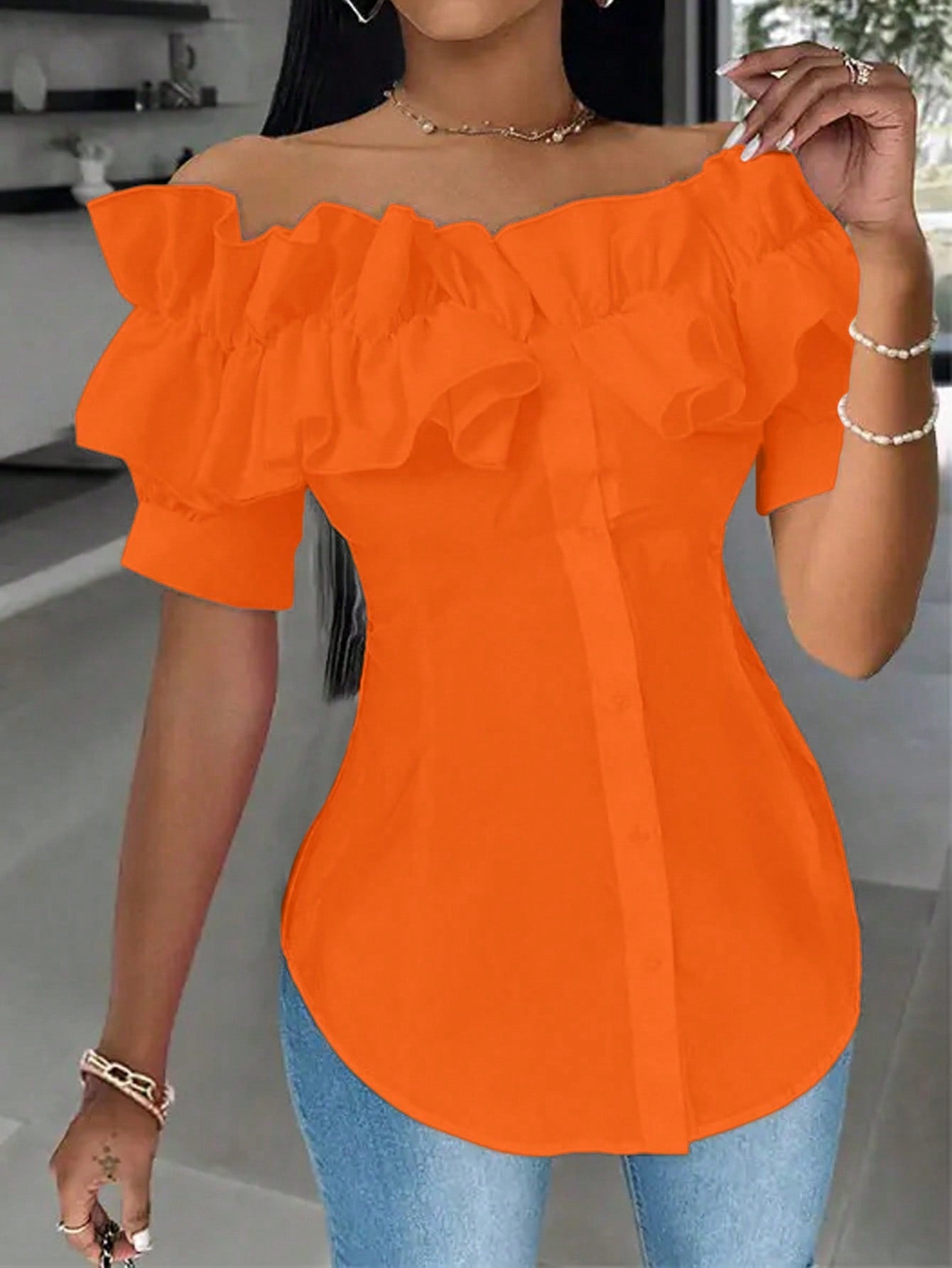 Holidaya Solid Color Ruffle Off Shoulder Short Sleeve Blouse