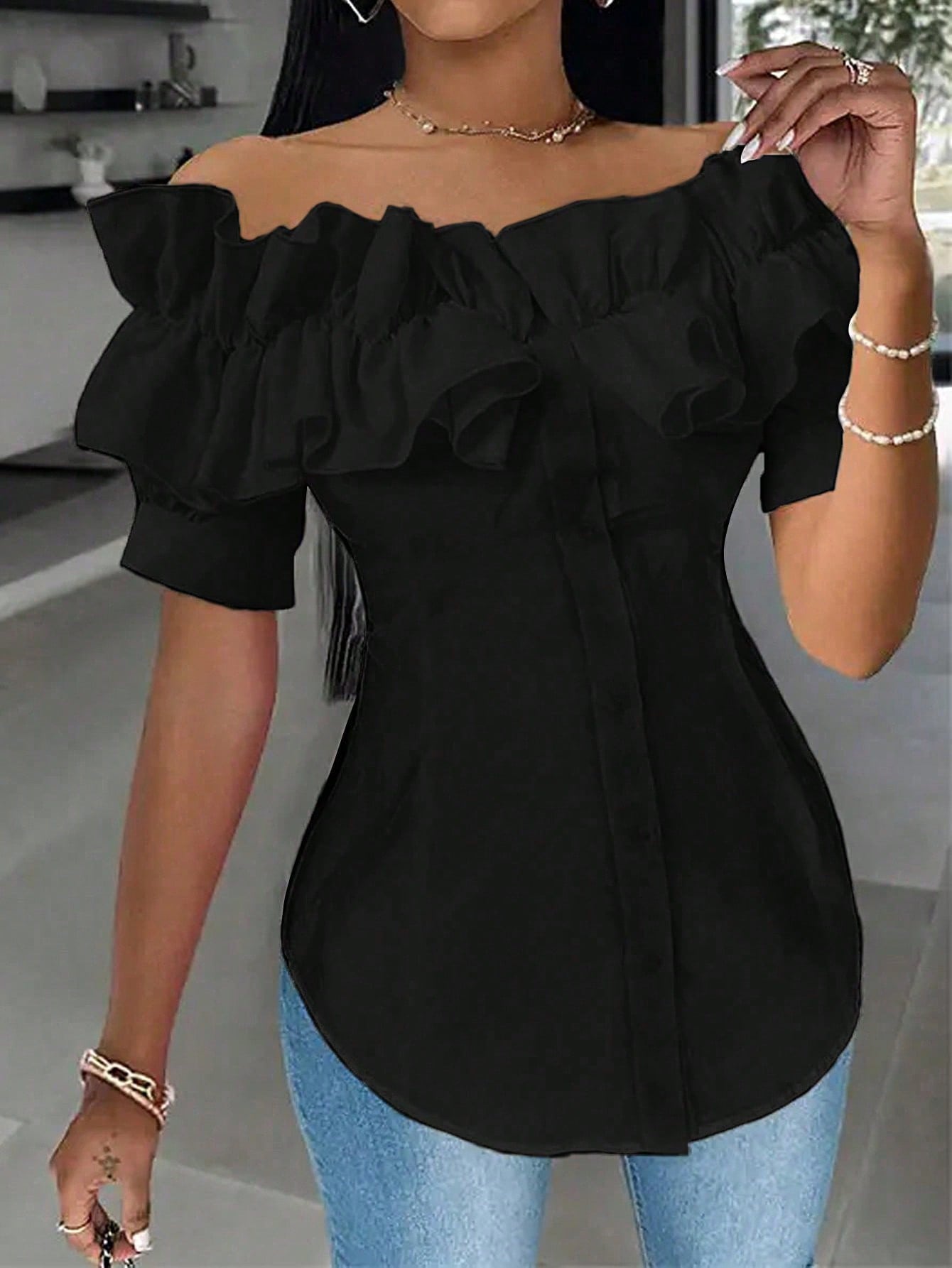Holidaya Solid Color Ruffle Off Shoulder Short Sleeve Blouse