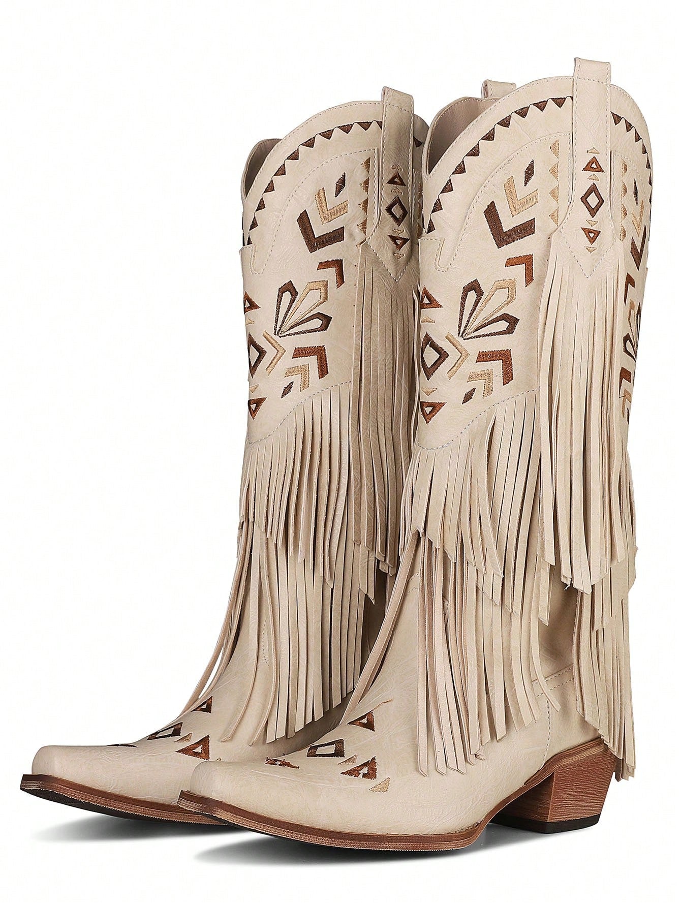 Brown Cowgirl Western Boots Fringe Tassel Chunky High Heels Mid Calf Slip On Retro Casual Fashion Women Ridding Shoes