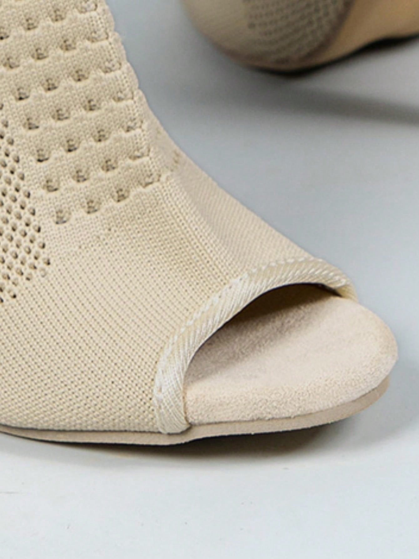 Beige Pointed Toe Elastic Knit Slim High Heel Women Boots Fashion Ankle Booties, Match With White Dress