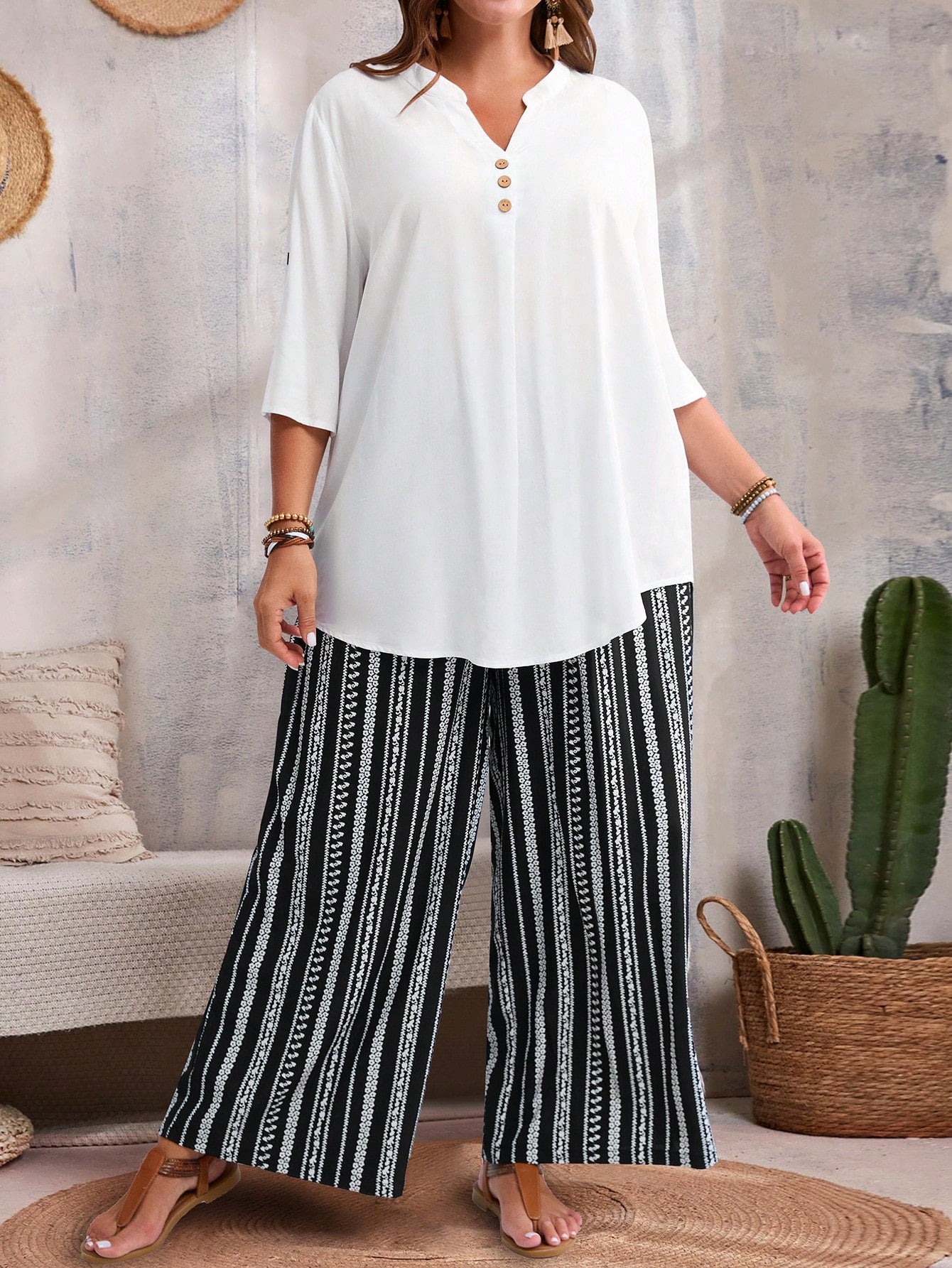 EMERY ROSE 2pcs Plus Size V-Neck Button Up Long Sleeve Top And Striped Loose Pants Set