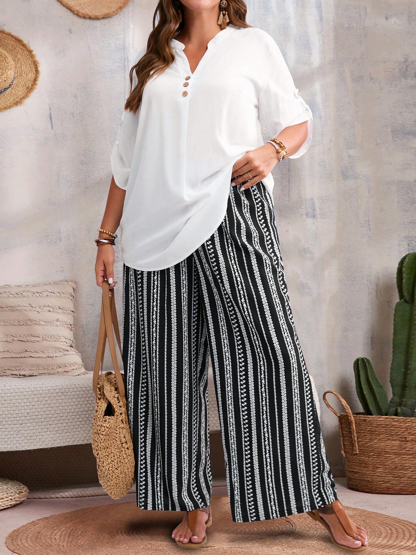 EMERY ROSE 2pcs Plus Size V-Neck Button Up Long Sleeve Top And Striped Loose Pants Set