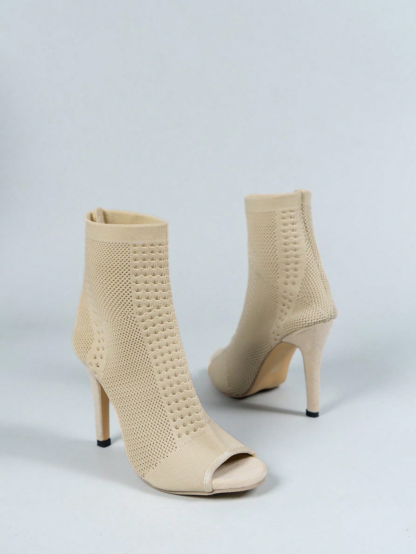 Beige Pointed Toe Elastic Knit Slim High Heel Women Boots Fashion Ankle Booties, Match With White Dress